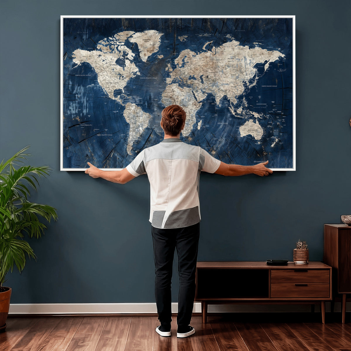 56126010-MGV-CV-36X24 - Large Blue World Map Wall Art Canvas Print for Home Office