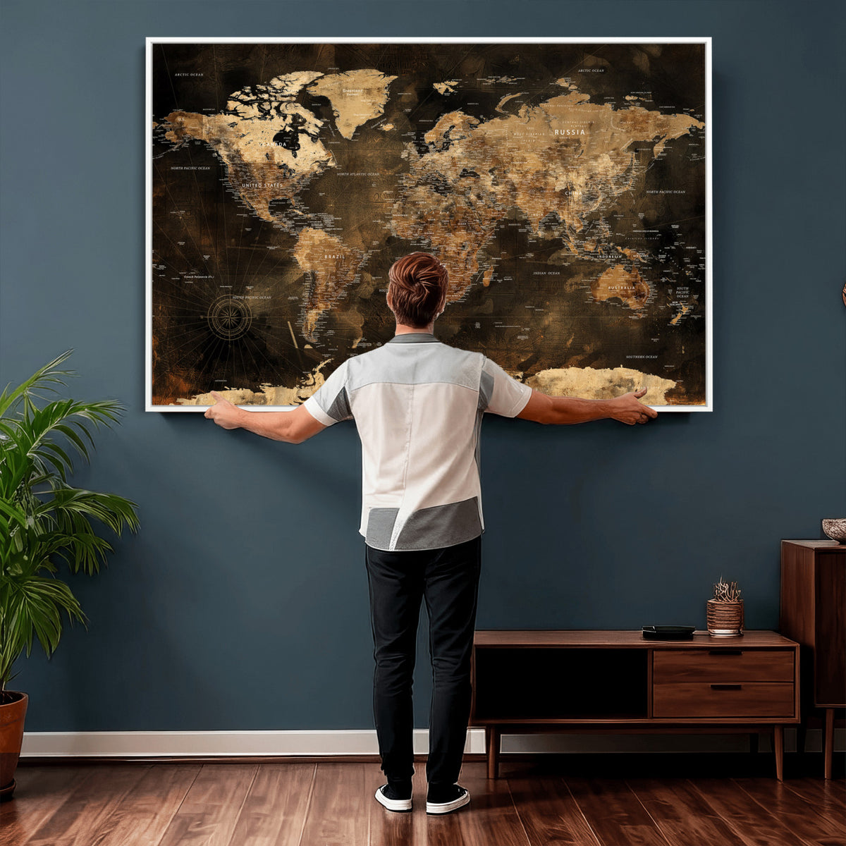 97742922-MGV-CV-36X24 - World Map Canvas Print, Modern Decorative Framed Map Artwork