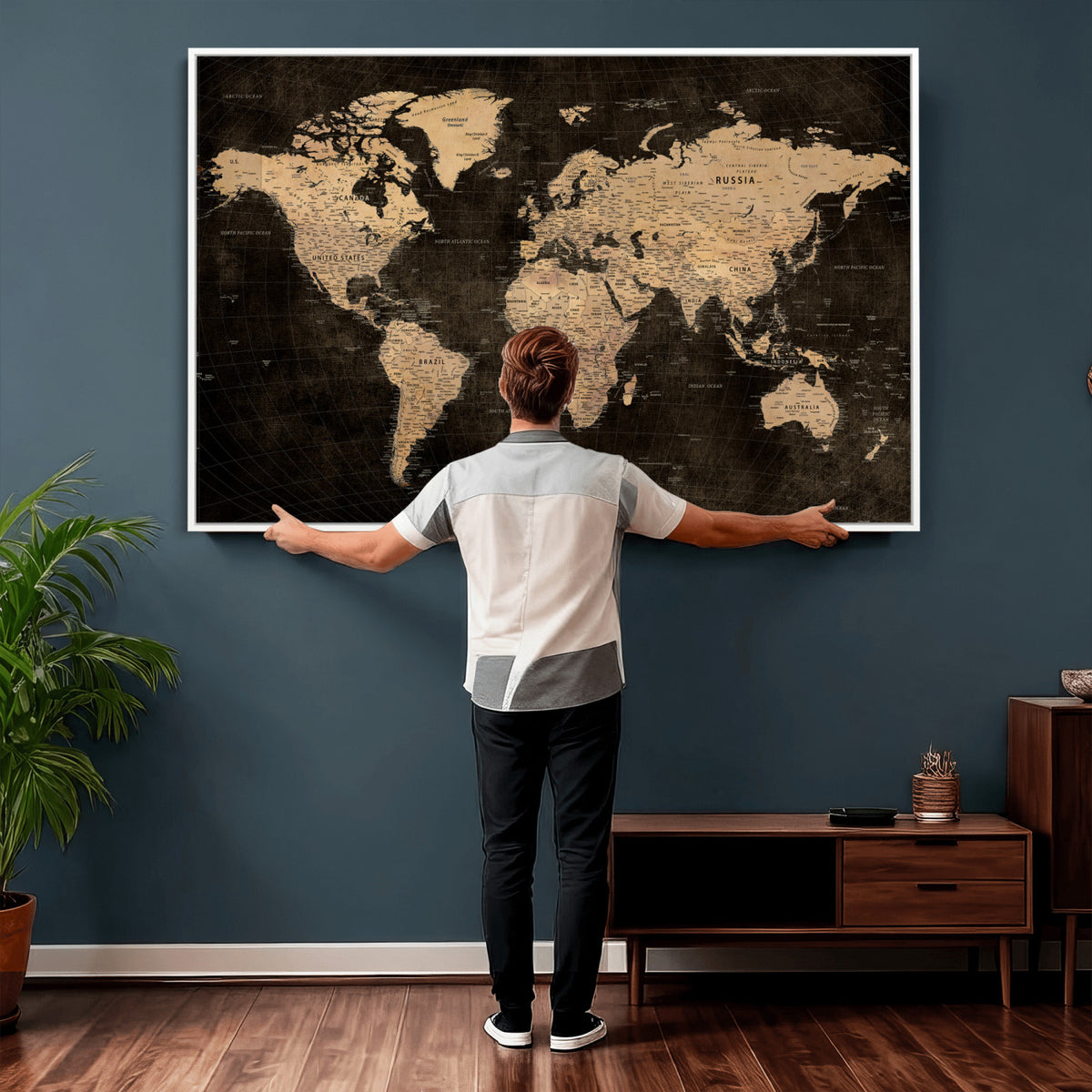 15118265-MGV-CV-36X24 - Brown World Map Canvas Print | Modern Travel Map Wall Art