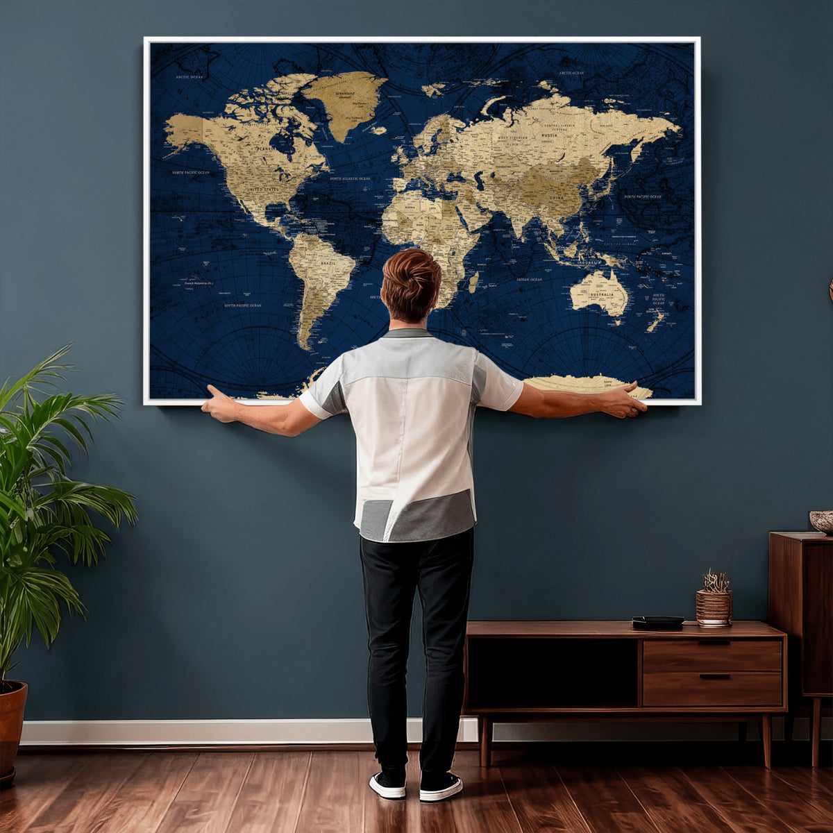 54770746-MGV-CV-36X24 - Navy Blue World Map Canvas Print – Detailed Map Minimal Navy