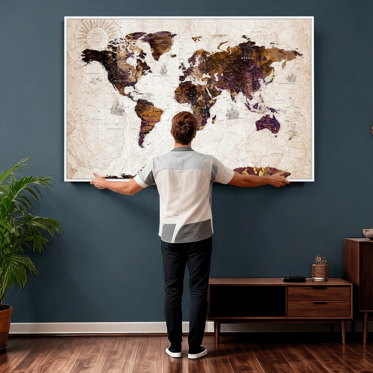 53400857-MGV-CV-36X24 - Blue Watercolor World Map Canvas Print – Framed Modern Wall