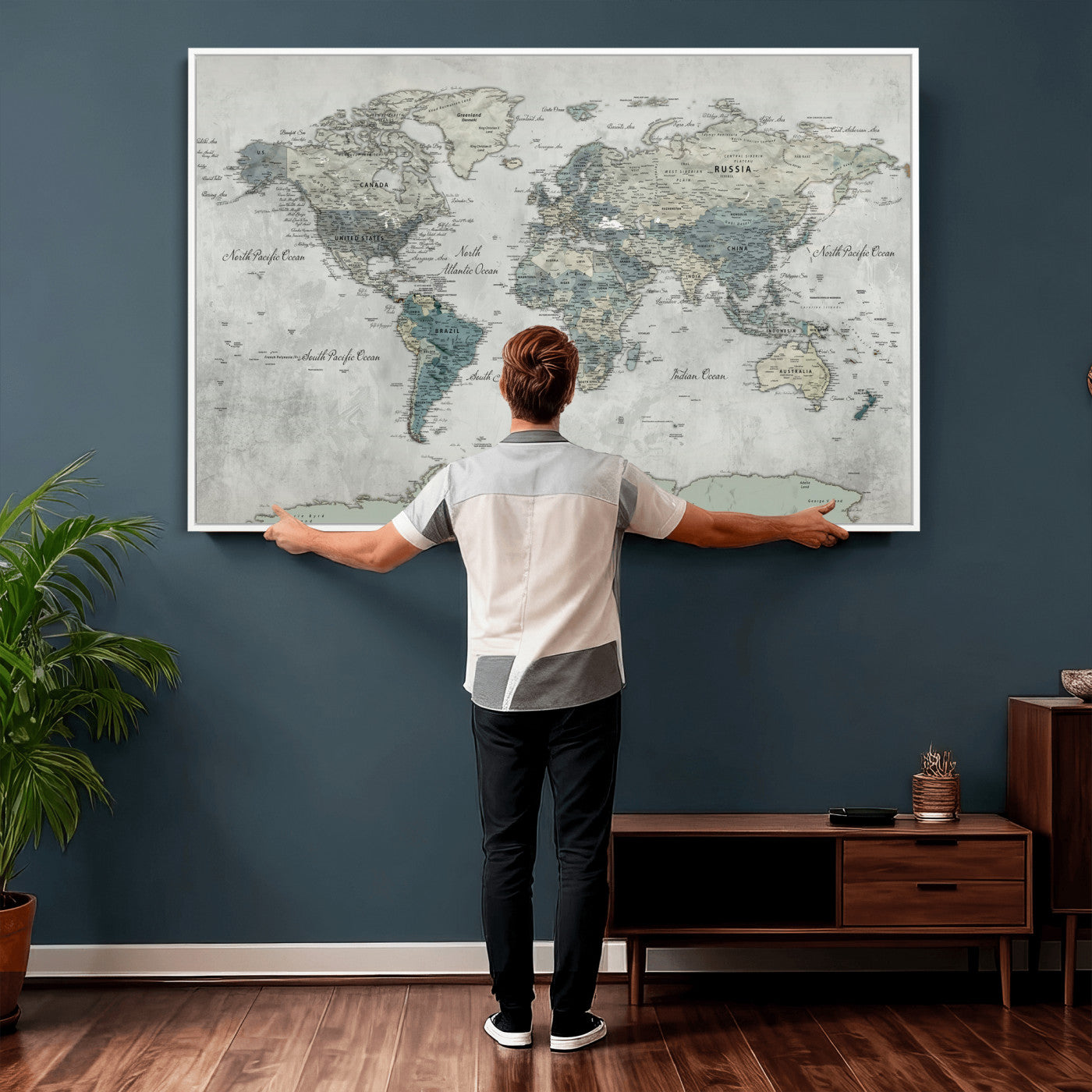 91132939-MGV-CV-36X24 - World Map Wall Art Canvas Print, Modern Decorative Framed Map Artwork Prints for Living Room, Office, Bedroom Wall Decor