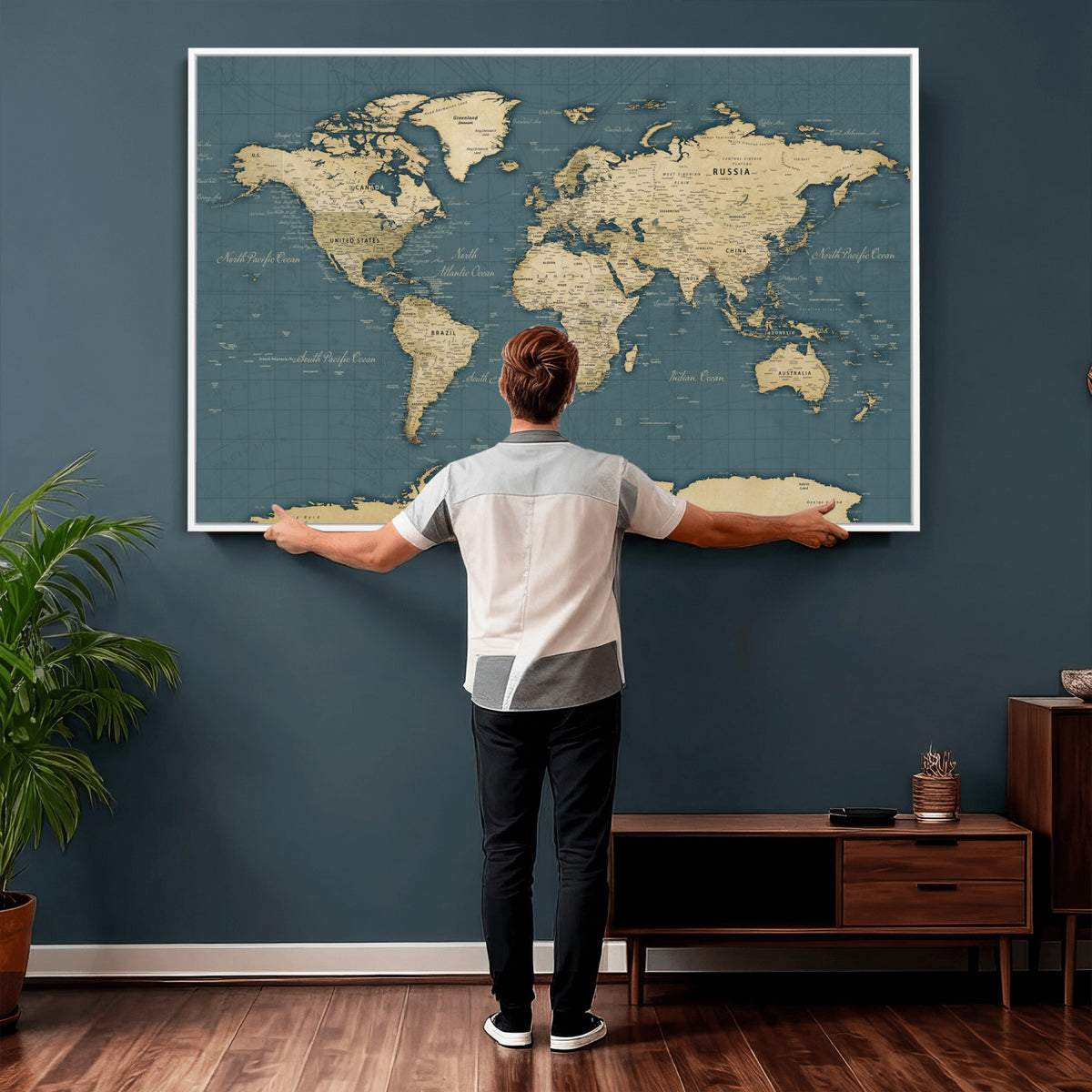 99599383-MGV-CV-36X24 - Minimal Vintage World Map Canvas Wall Art Print, Neutral