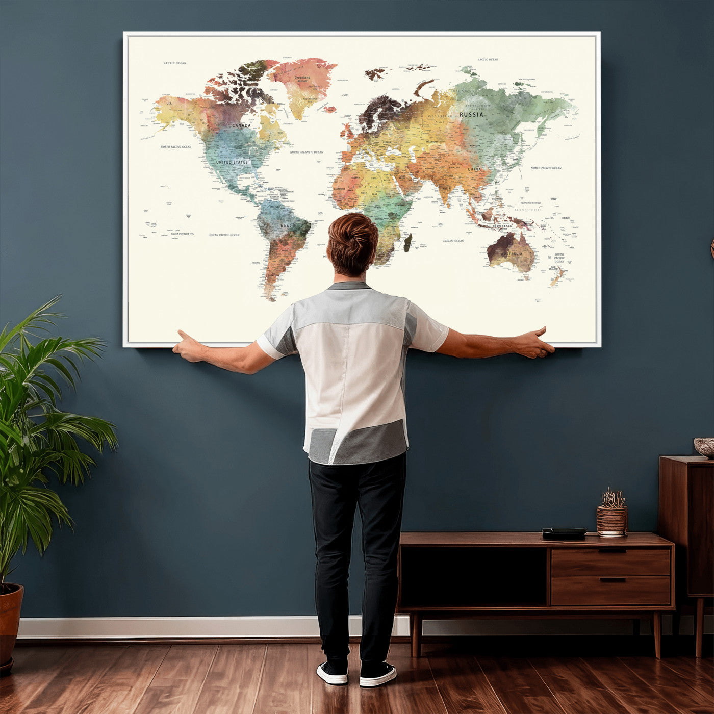 64206059-MGV-CV-36X24 - World Map Wall Art Canvas Print, Modern Decorative Framed Map Artwork Prints for Living Room, Office, Bedroom Wall Decor