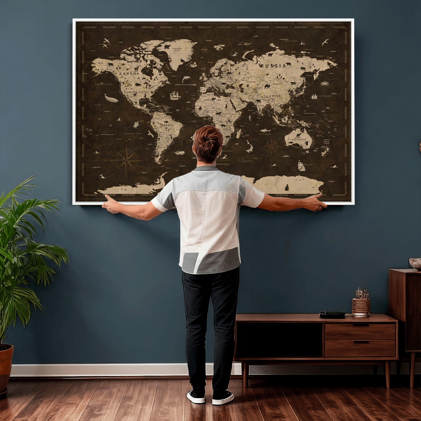 44276398-MGV-CV-36X24 - World Map Wall Art Canvas Print, Modern Decorative Framed Map Artwork Prints for Living Room, Office, Bedroom Wall Decor