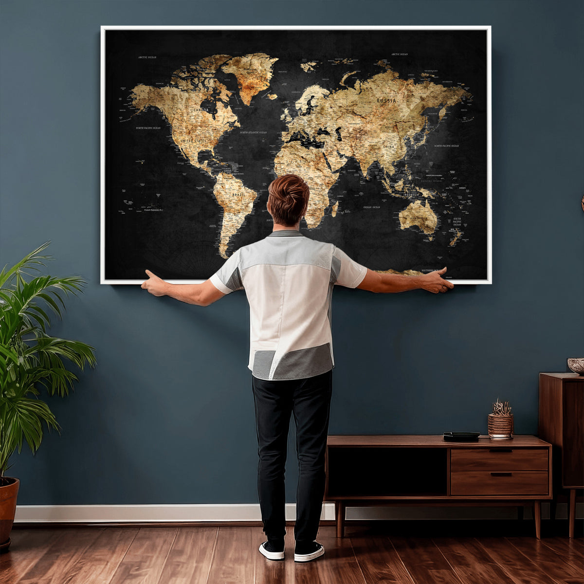 23568589-MGV-CV-36X24 - World Map Wall Art Canvas Print, Modern Decorative Framed Map Artwork Prints for Living Room, Office, Bedroom Wall Decor