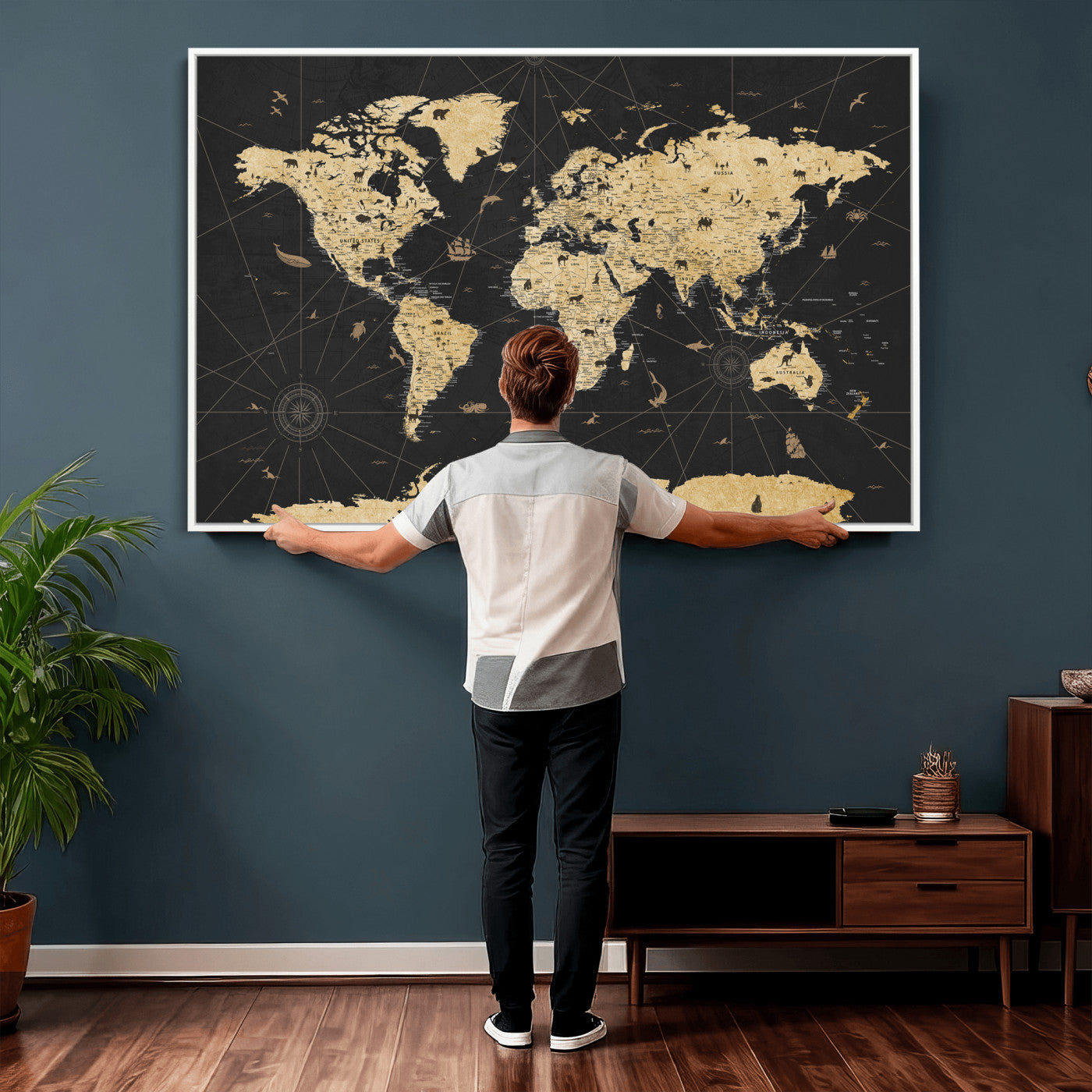 80270976-MGV-CV-36X24 - World Map Wall Art Canvas Print, Modern Decorative Framed Map Artwork Prints for Living Room, Office, Bedroom Wall Decor