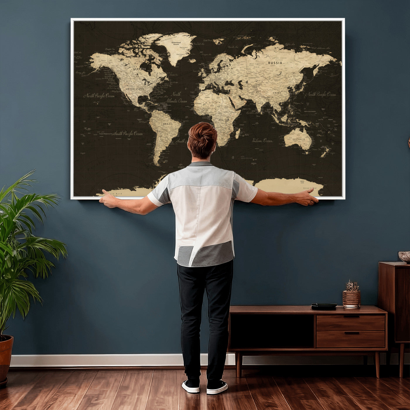 89024244-MGV-CV-36X24 - World Map Wall Art Canvas Print, Modern Decorative Framed Map Artwork Prints for Living Room, Office, Bedroom Wall Decor