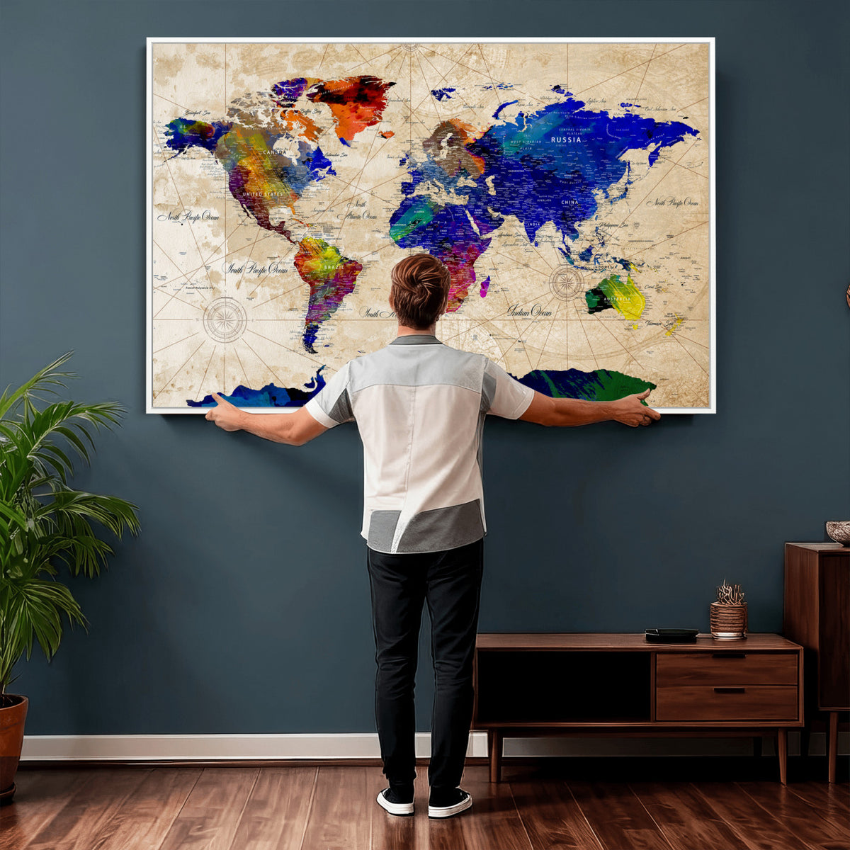 26284075-MGV-CV-36X24 - World Map Wall Art Canvas Print, Modern Decorative Framed Map Artwork Prints for Living Room, Office, Bedroom Wall Decor