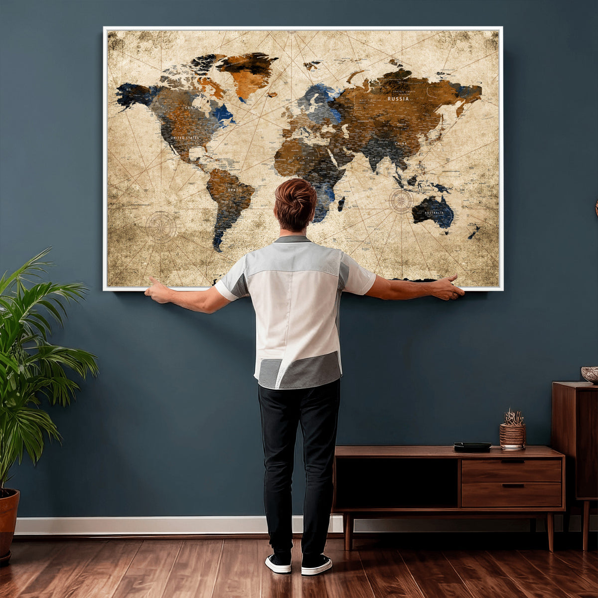 27163414-MGV-CV-36X24 - World Map Wall Art – Rustic Earth Tone Canvas Print, Antique