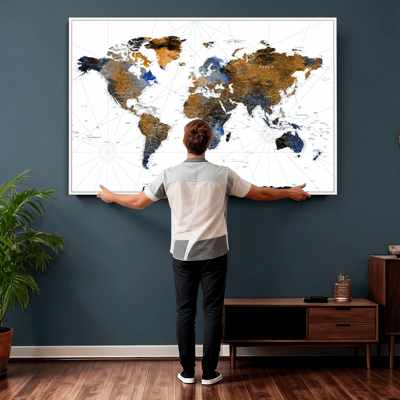 56364879-MGV-CV-36X24 - World Map Wall Art Canvas Print, Modern Decorative Framed Map Artwork Prints for Living Room, Office, Bedroom Wall Decor