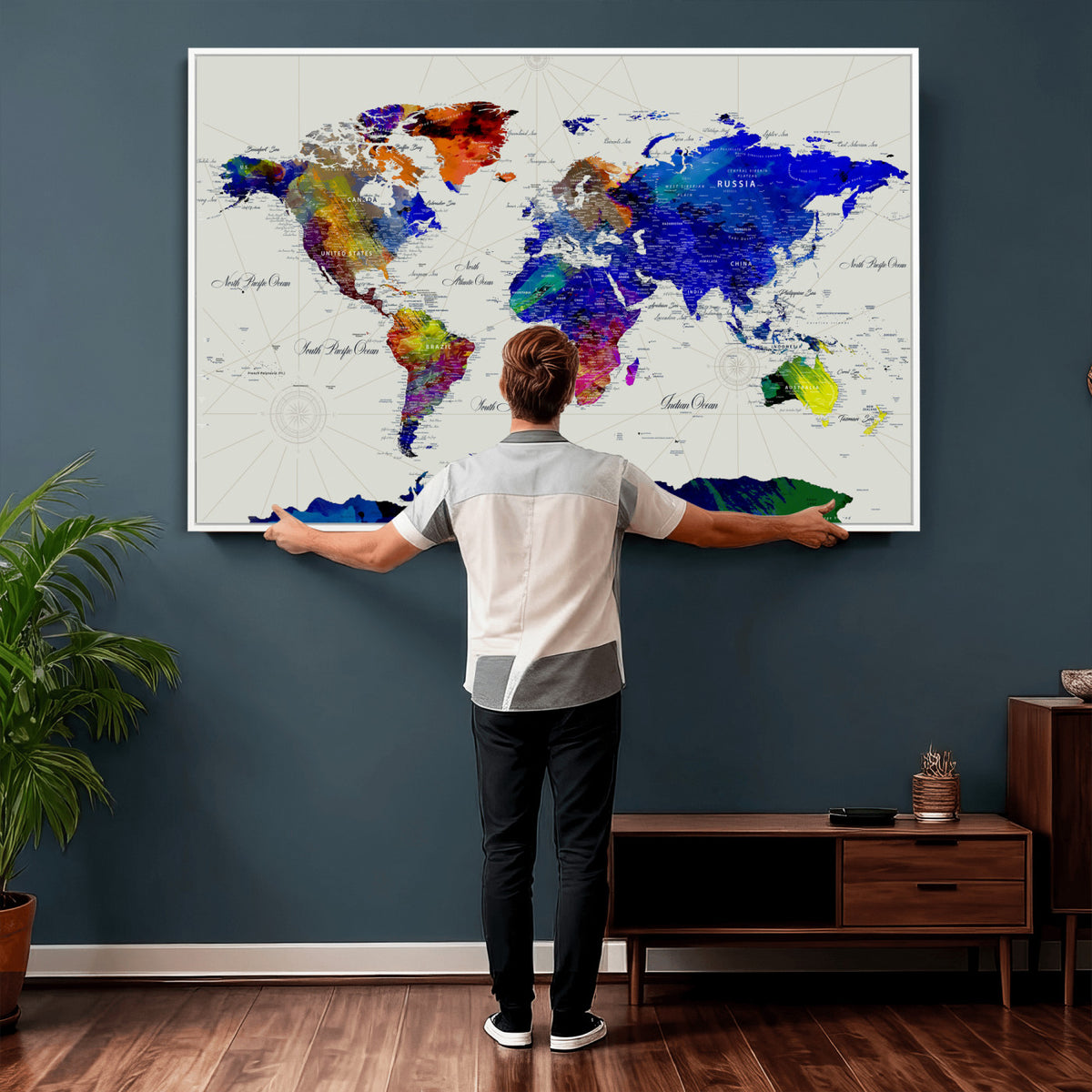 49670038-MGV-CV-36X24 - World Map Wall Art Canvas Print, Modern Decorative Framed Map Artwork