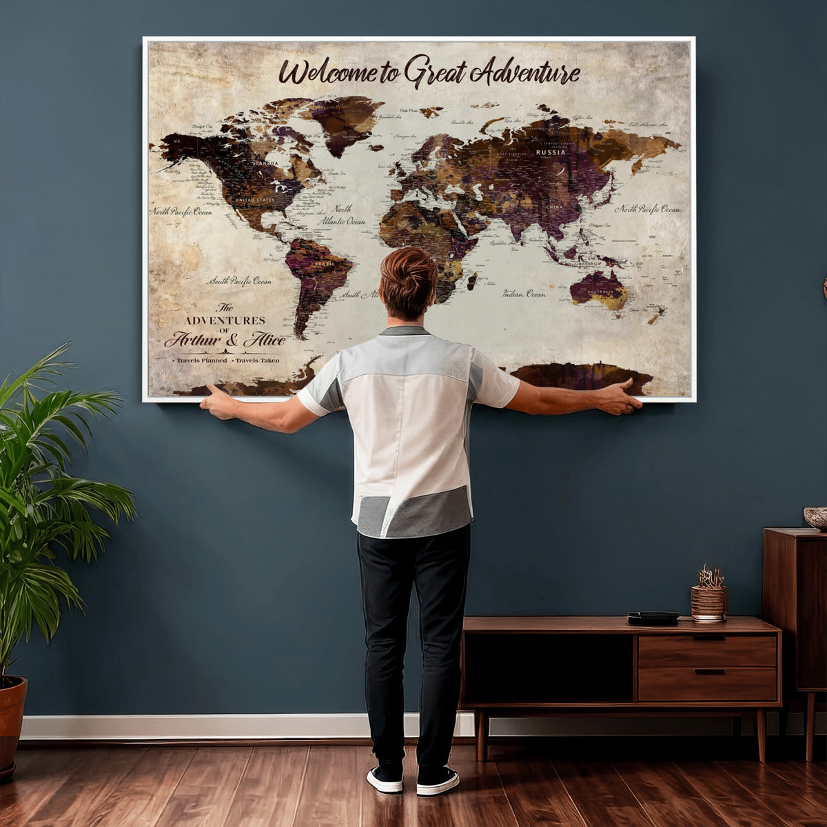 64110391126-MGV-CV-36X24 - Custom Beige World Travel Map Wall Art with Pins, Places Visited Tracker, Family Room and Entryway Decor