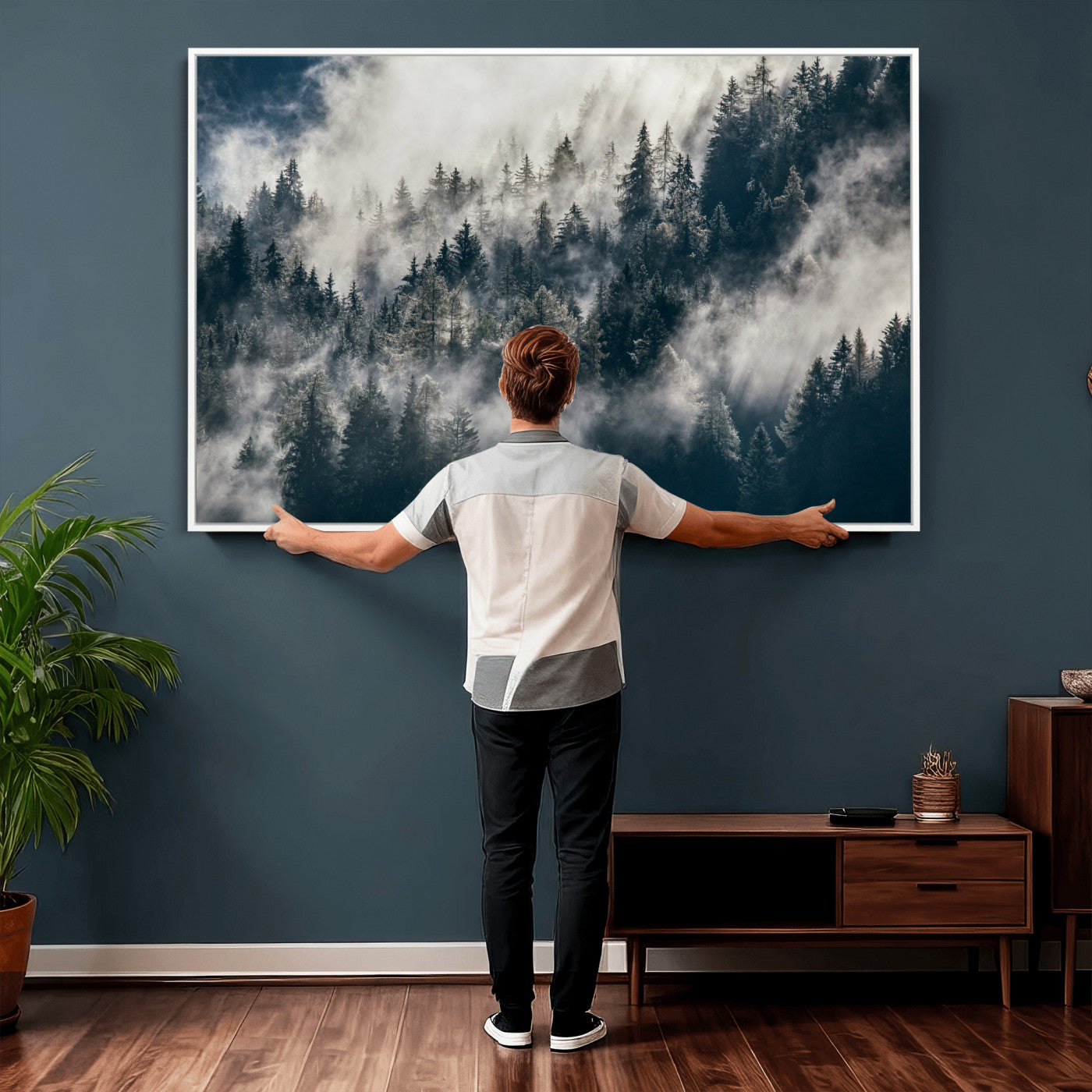 63405824-MGV-CV-36X24 - Foggy Mountain Forest Canvas Print, Misty Pine Trees Nature Wall Art, Framed Canvas Ready to Hang