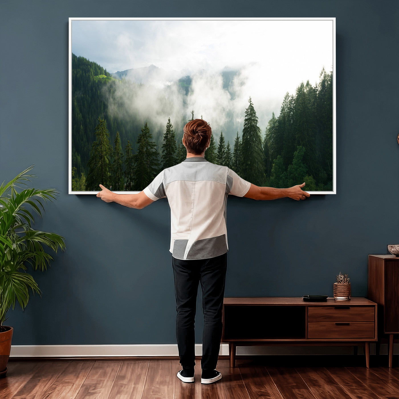 67174129-MGV-CV-36X24 - Misty Mountain Forest Canvas Print, Foggy Pine Trees Nature Wall Art, Framed Canvas Ready to Hang