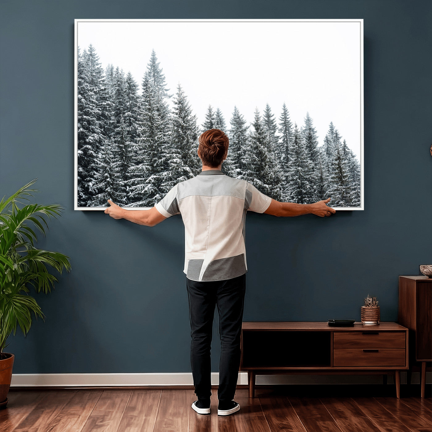 69566941-MGV-CV-36X24 - Misty Mountain Forest Canvas Print, Foggy Pine Trees Nature Wall Art, Framed Canvas Ready to Hang