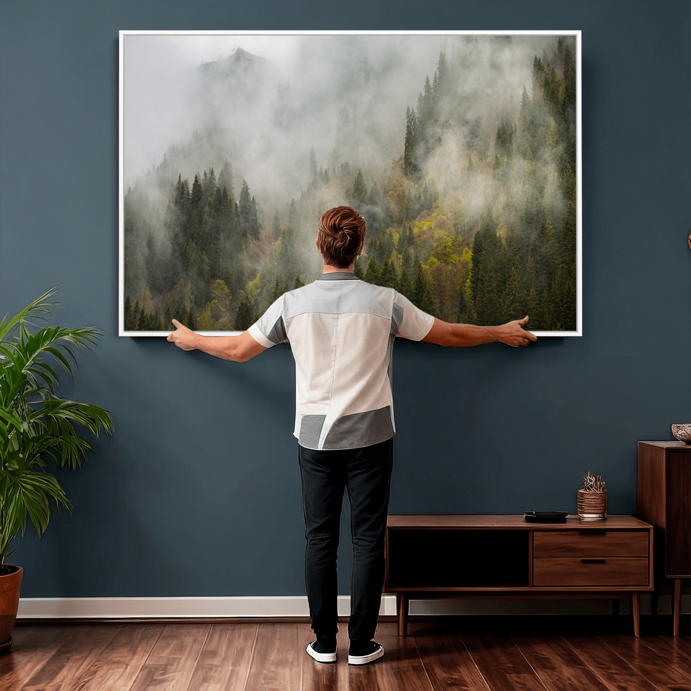 31152954-MGV-CV-36X24 - Misty Mountain Forest Canvas Print, Foggy Pine Trees Nature Wall Art, Framed Canvas Ready to Hang