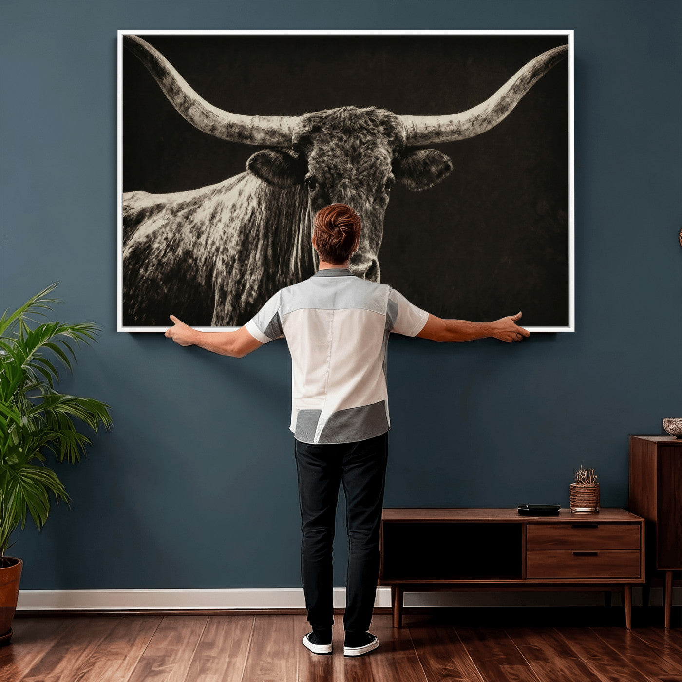 74513721-MGV-CV-36X24 - Vintage Texas Longhorn Bull Wall Art Canvas Print, Cow Portrait Photography Print, Framed Wall Art Ready to Hang