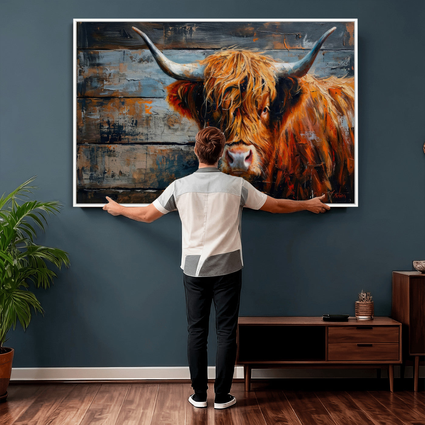 90271423-MGV-CV-36X24 - Highland Cow Wall Art Canvas Print, Abstract Rustic Farm Animal Wall Art Print, Framed Wall Art Ready to Hang