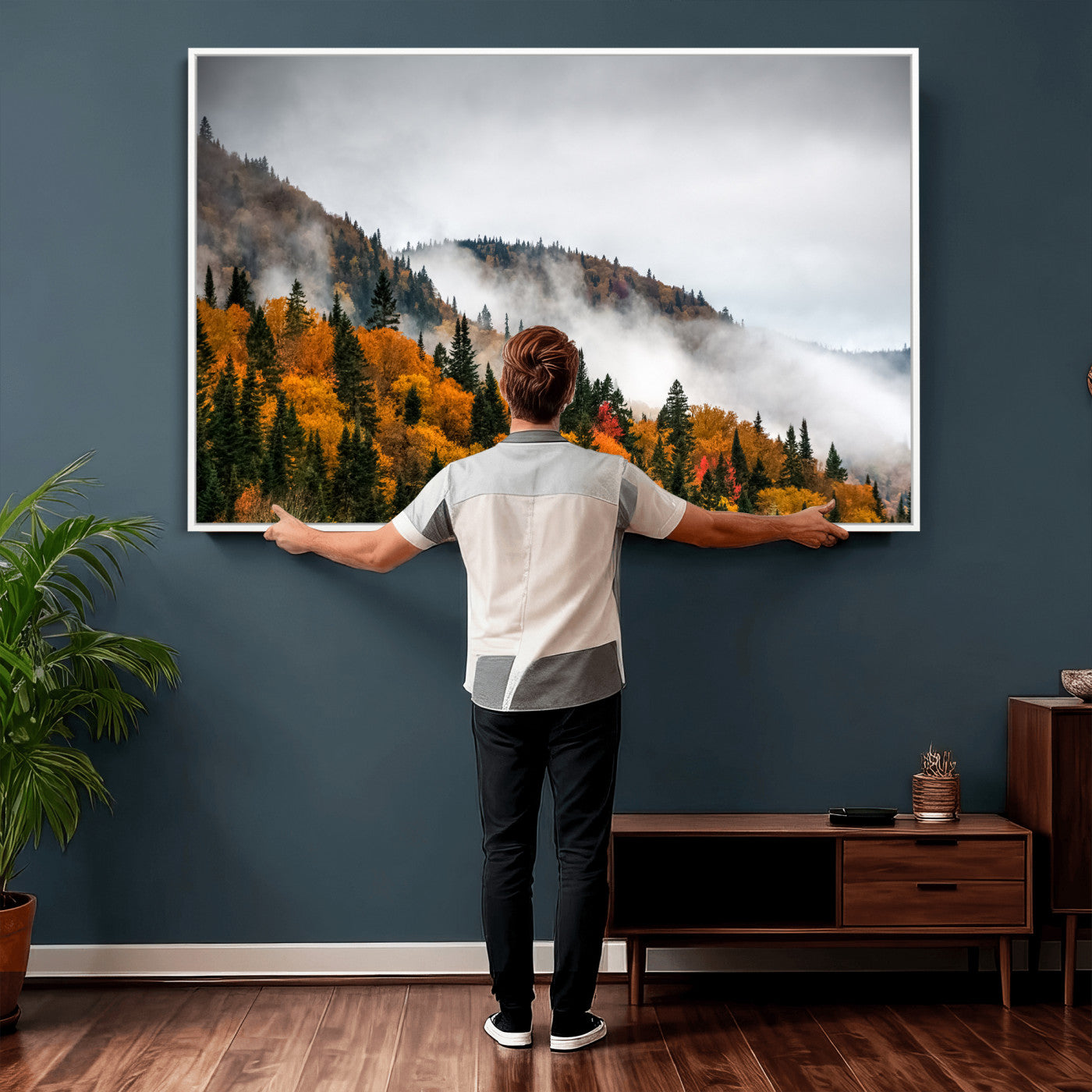 93581632-MGV-CV-36X24 - Autumn Forest Wall Art Canvas Print, Foggy Mountain Landscape Nature Photography, Framed Wall Art Ready to Hang