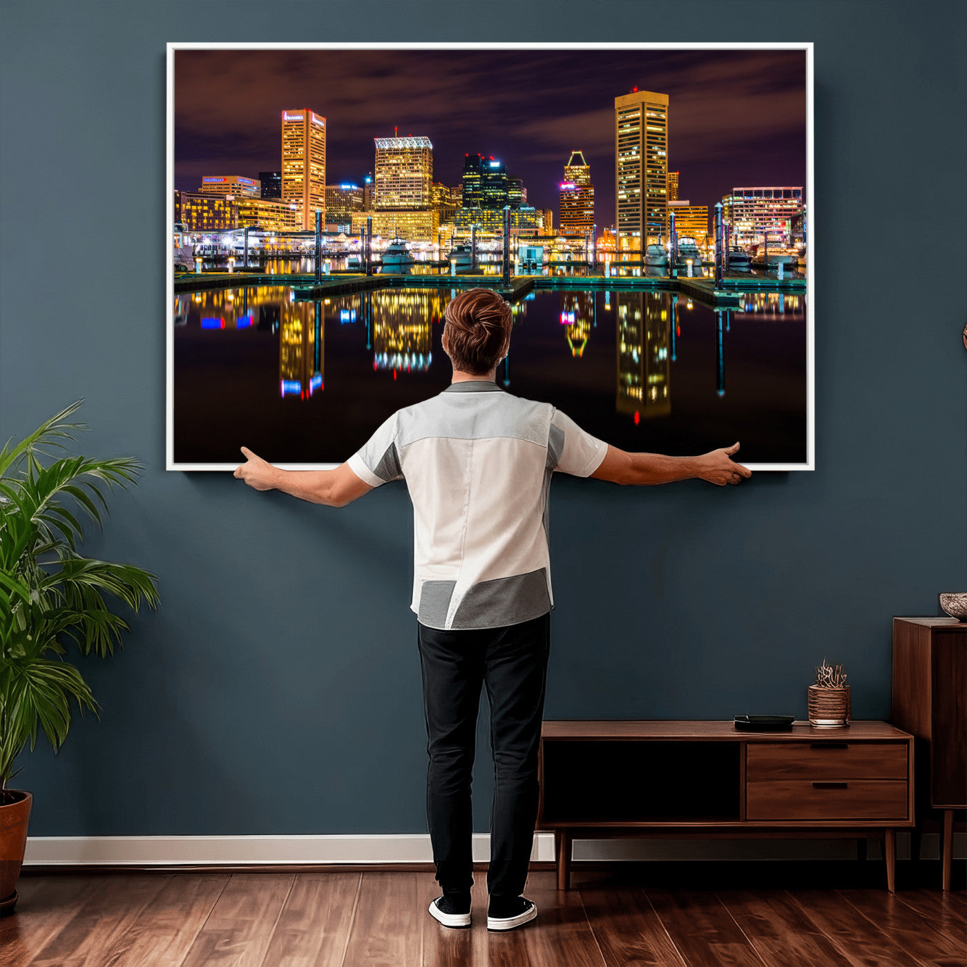 38201692-MGV-CV-36X24 - Baltimore Skyline Wall Art Canvas Print, Baltimore Downtown Night Cityscape Print for Modern Urban Wall Decor
