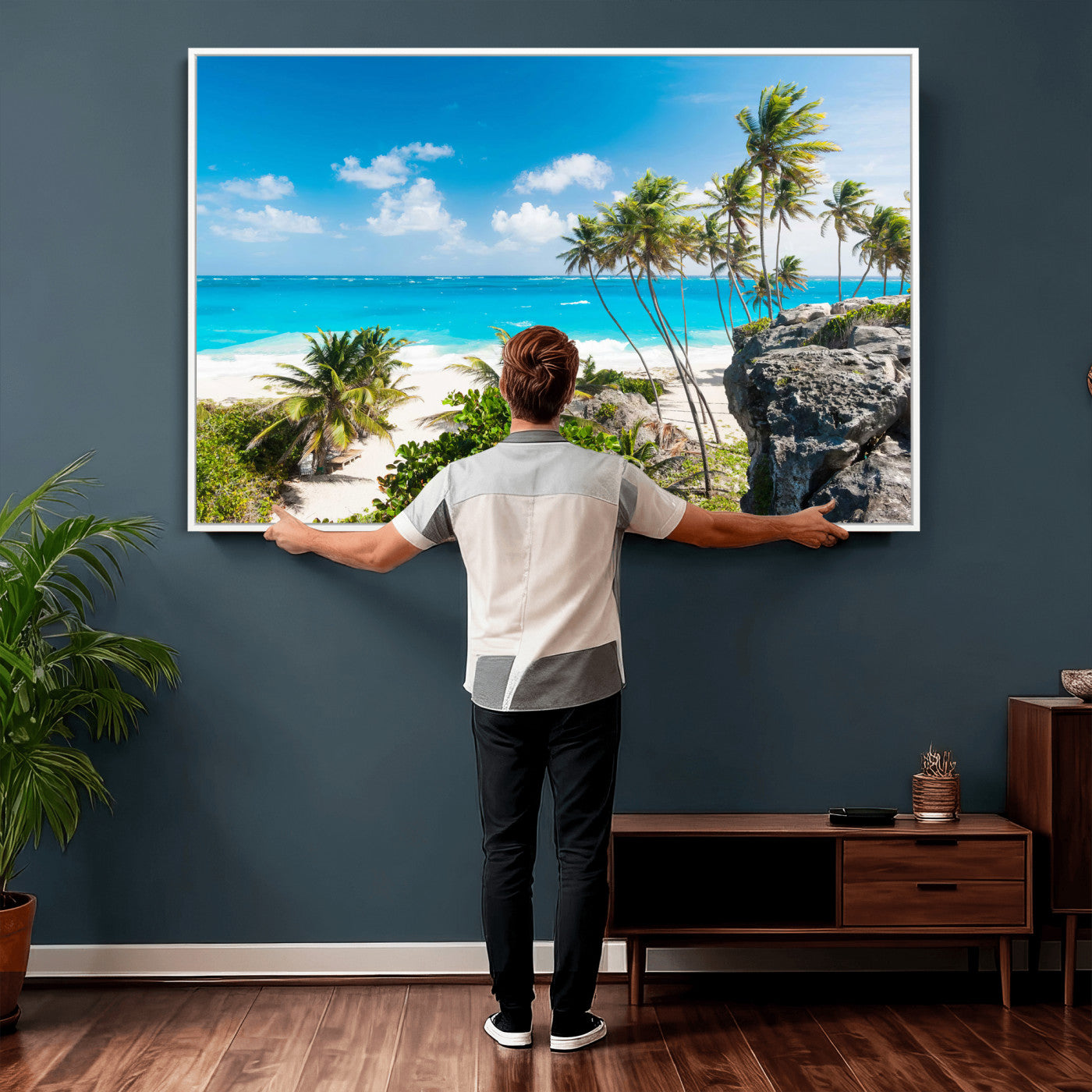 79995168-MGV-CV-36X24 - Barbados Beach Wall Art Canvas Print, Palm Tree Ocean Landscape, Turquoise Sea Coastal Photography, Tropical Island Wall Decor, Framed Ready to Hang