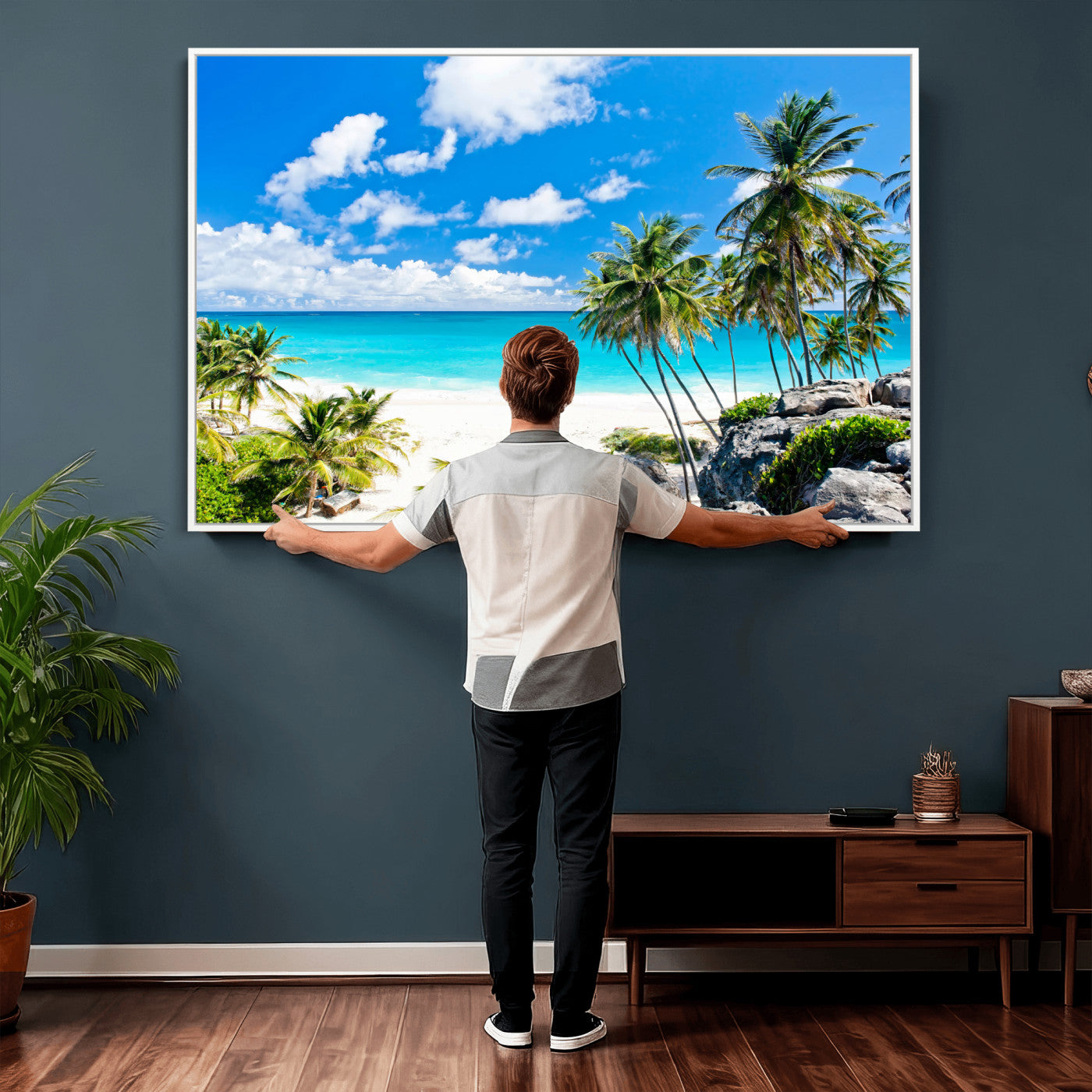 29232878-MGV-CV-36X24 - Barbados Beach Wall Art Canvas Print, Palm Tree Ocean Landscape, Turquoise Sea Coastal Photography, Tropical Island Wall Decor, Framed Ready to Hang