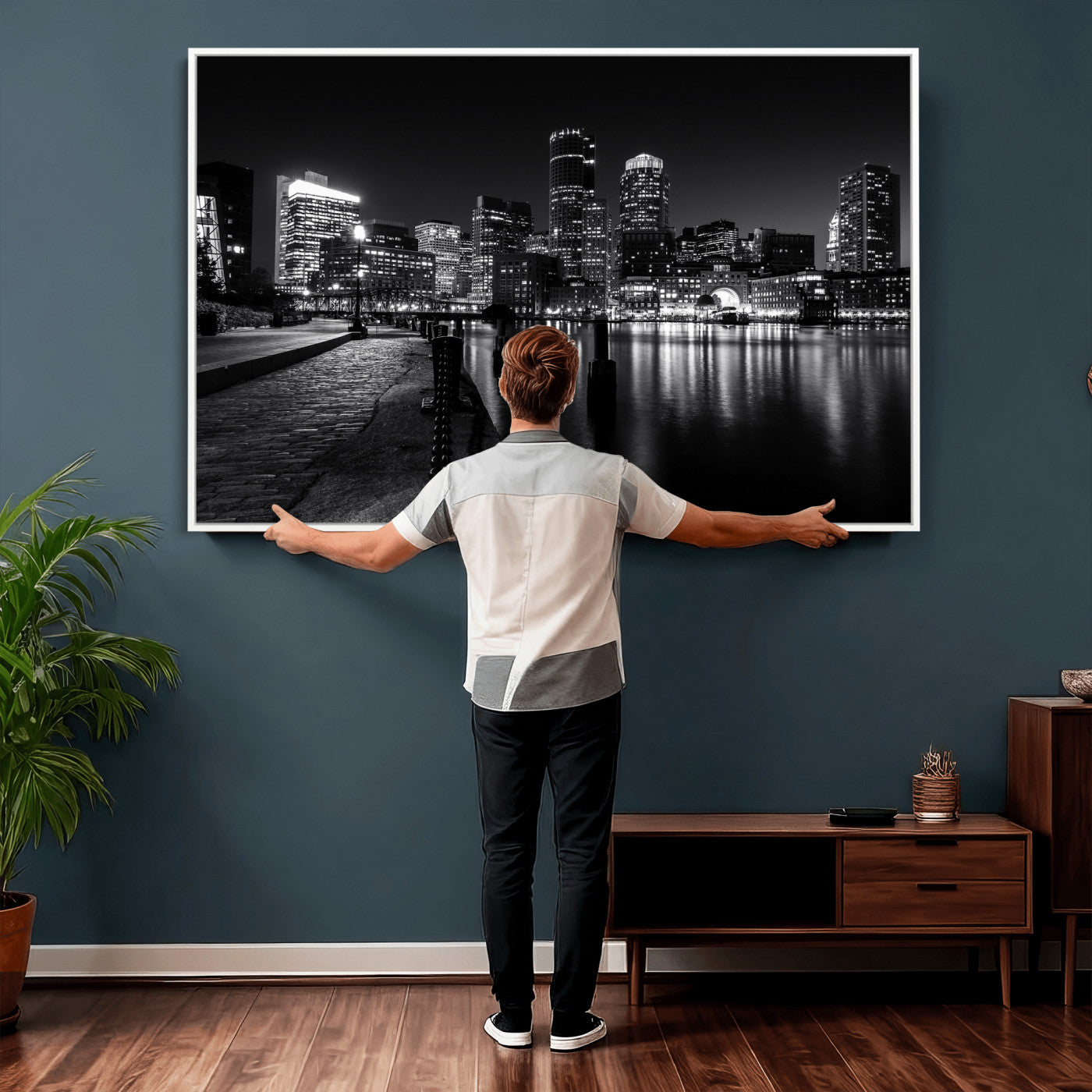 53082656-MGV-CV-36X24 - Boston Wall Art Canvas Print, Boston City Downtown Night Cityscape Print for Modern Urban Wall Decor