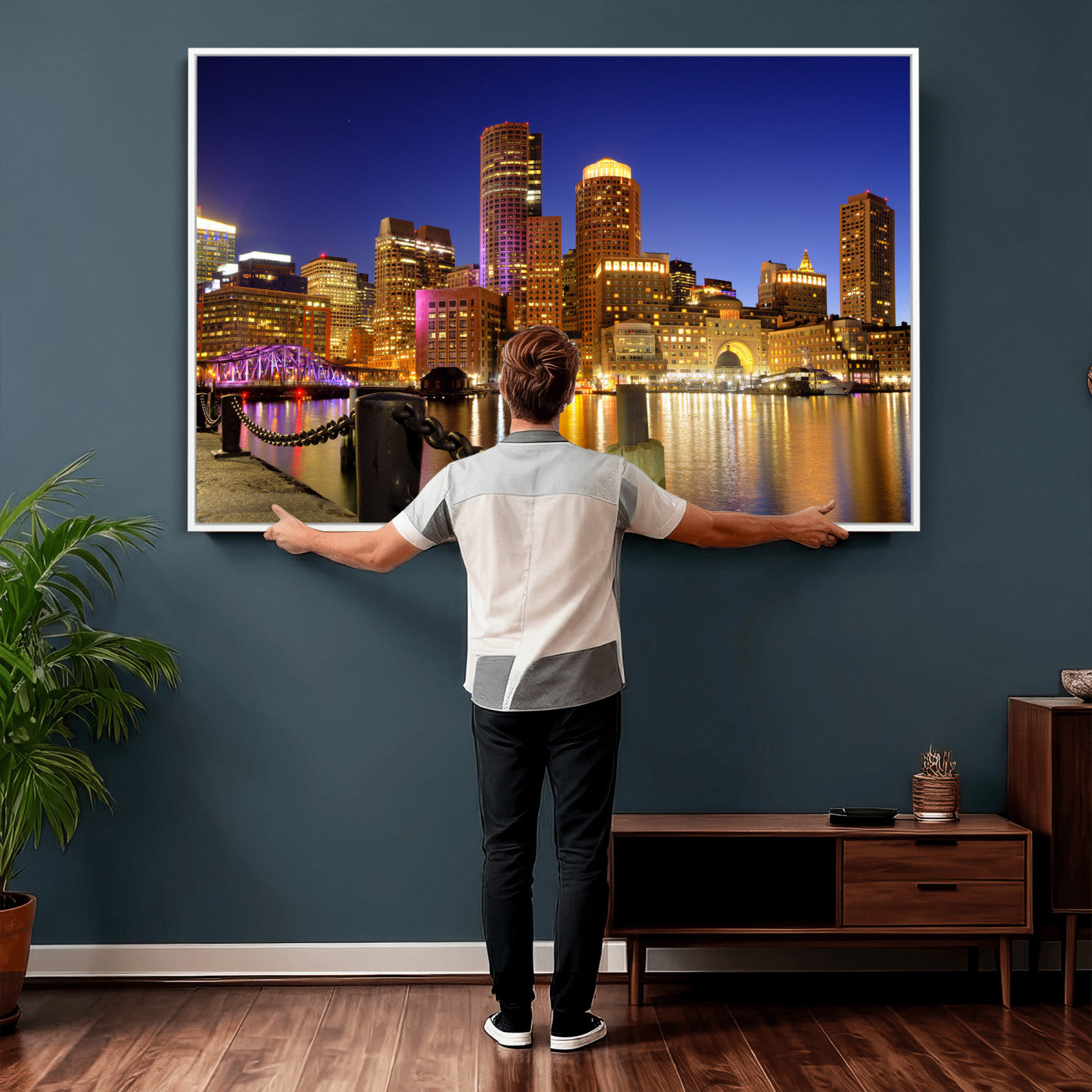56611117-MGV-CV-36X24 - Boston Wall Art Canvas Print, Boston City Downtown Night Cityscape Print for Modern Urban Wall Decor