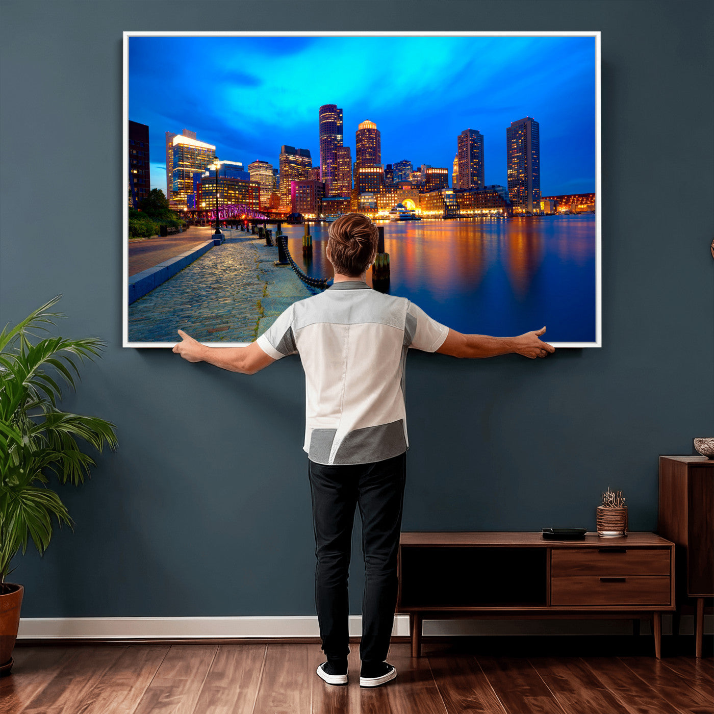 69619565-MGV-CV-36X24 - Boston Wall Art Canvas Print, Boston City Downtown Night Cityscape Print for Modern Urban Wall Decor
