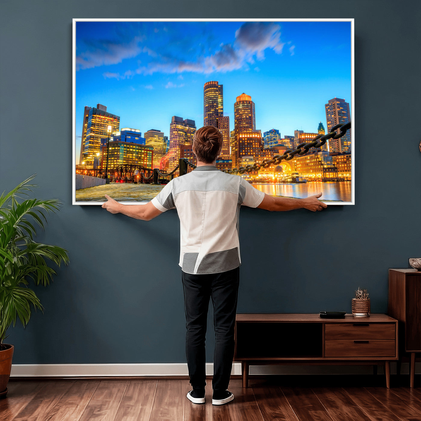 46736409-MGV-CV-36X24 - Boston Wall Art Canvas Print, Boston City Downtown Night Cityscape Print for Modern Urban Wall Decor
