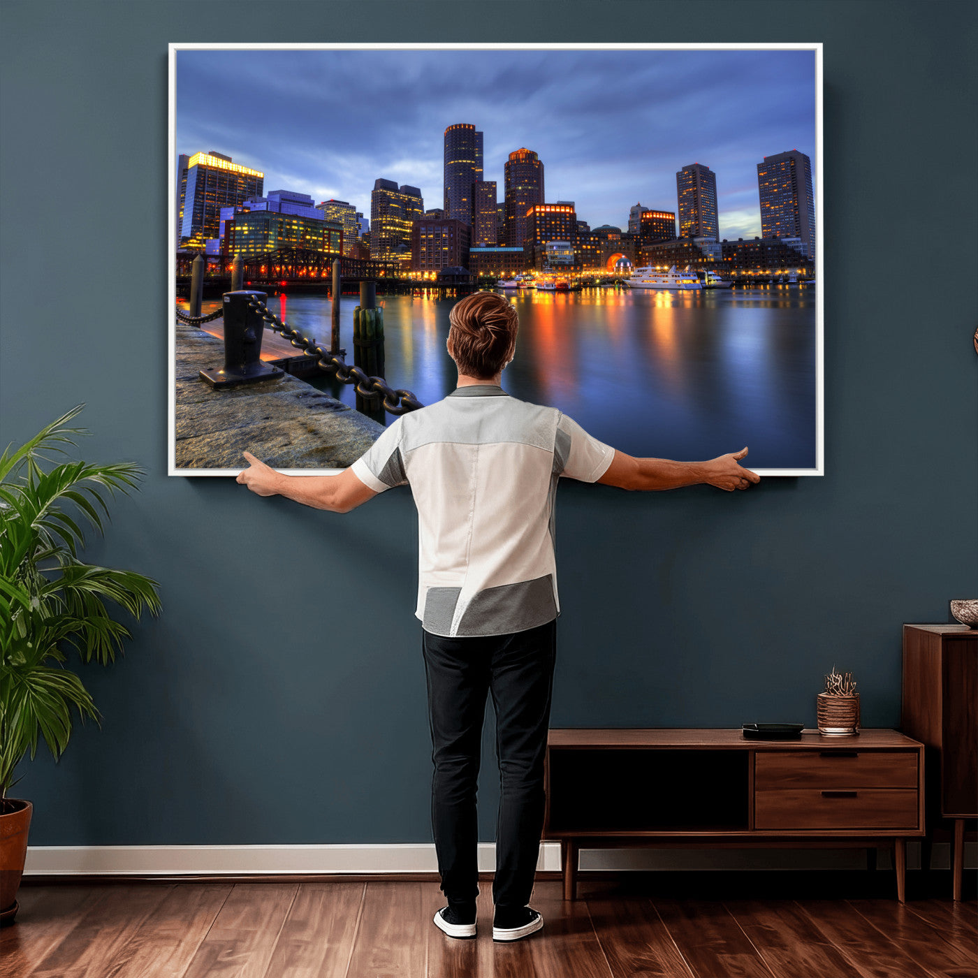 82439622-MGV-CV-36X24 - Boston Wall Art Canvas Print, Boston City Downtown Night Cityscape Print for Modern Urban Wall Decor