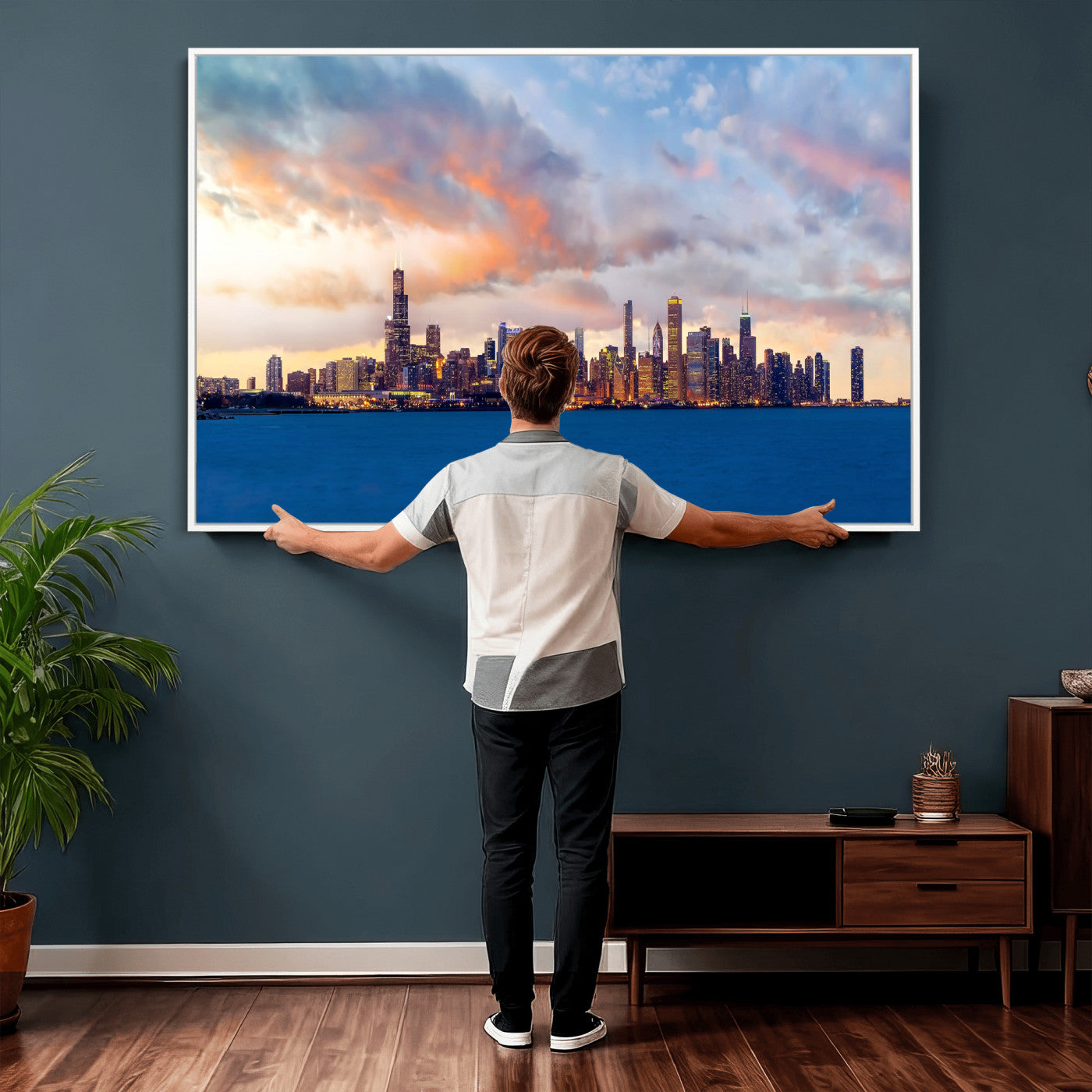 34667960-MGV-CV-36X24 - Chicago Wall Art Canvas Print, Chicago City Downtown Night Cityscape Print for Modern Urban Wall Decor