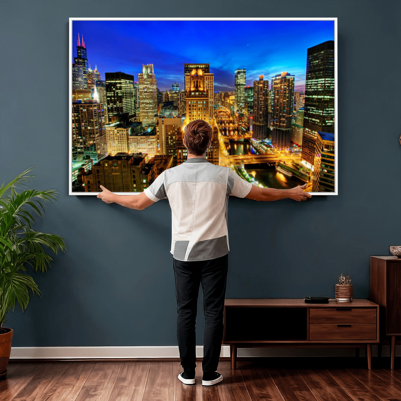 46298885-MGV-CV-36X24 - Chicago Wall Art Canvas Print, Chicago City Downtown Night Cityscape Print for Modern Urban Wall Decor