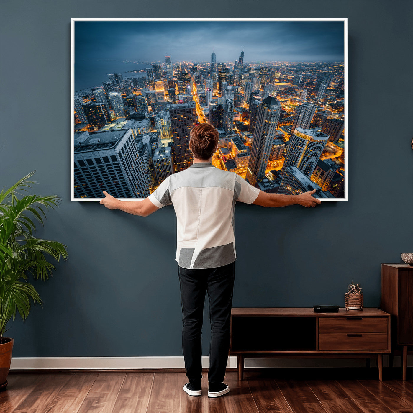 81742538-MGV-CV-36X24 - Chicago Wall Art Canvas Print, Chicago City Downtown Night Cityscape Print for Modern Urban Wall Decor