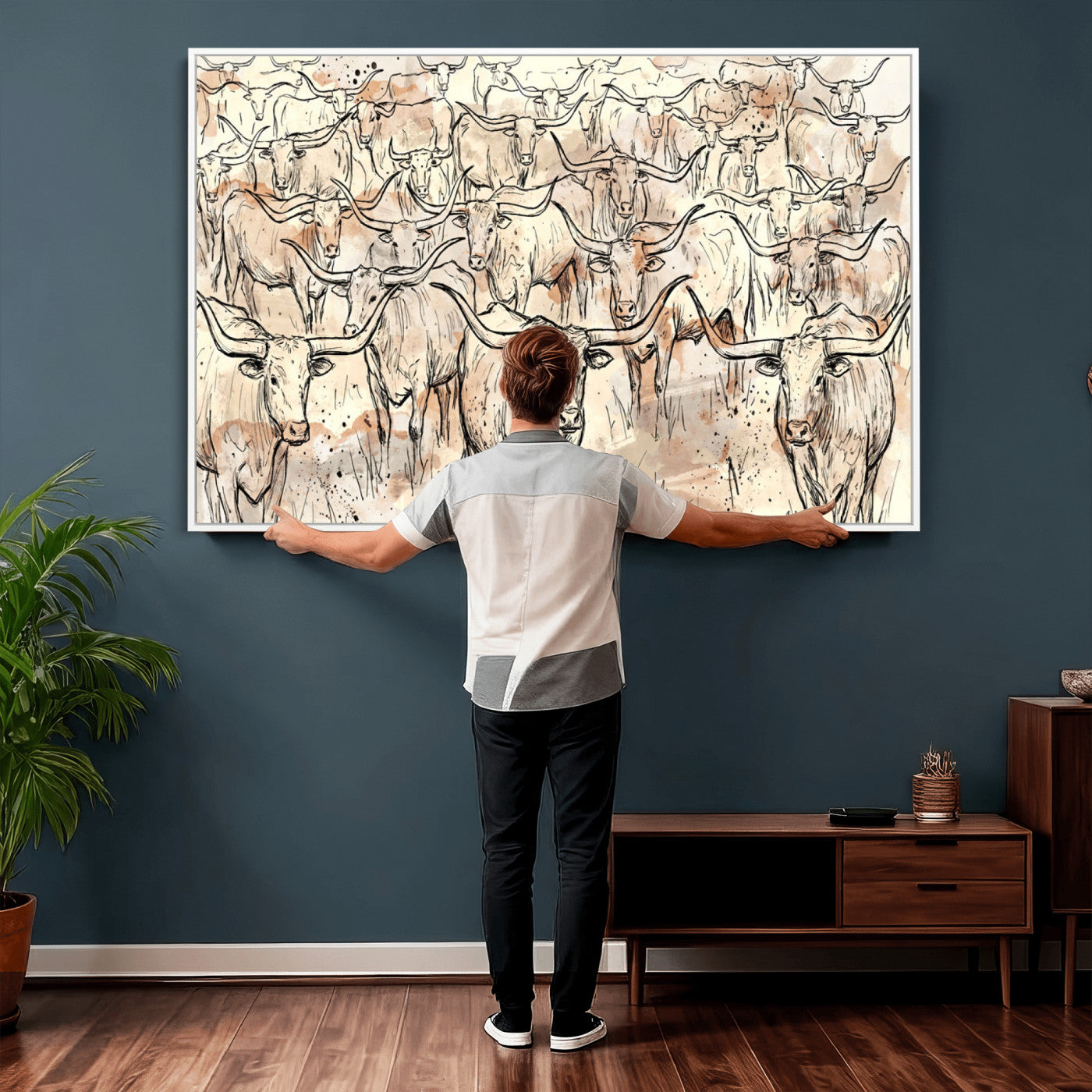 94055403-MGV-CV-36X24 - Farmhouse Animals Wall Art Canvas Print - Abstract Farm Animal Drawing Mid-Century Wall Art for Cabin Decor