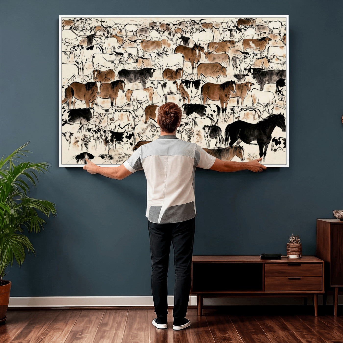 86150485-MGV-CV-36X24 - Farmhouse Animals Wall Art Canvas Print - Abstract Farm Animal Drawing Mid-Century Wall Art for Cabin Decor