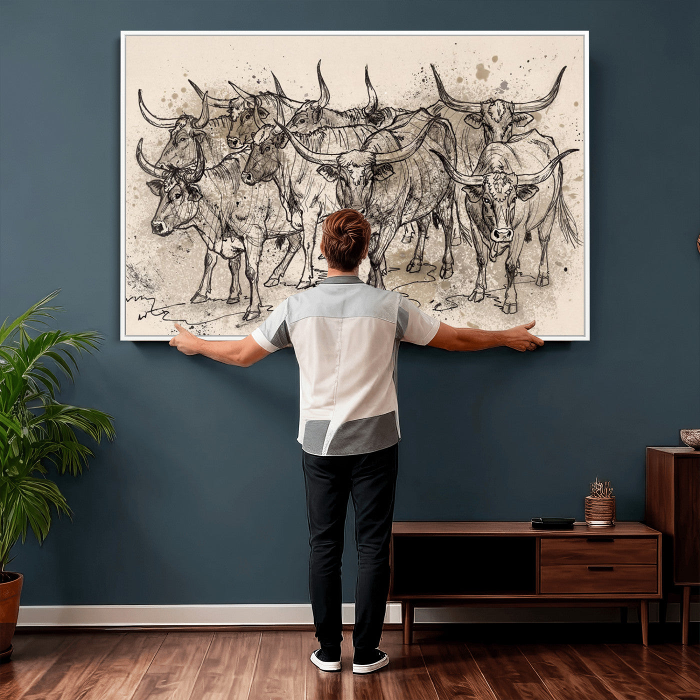 74232558-MGV-CV-36X24 - Farmhouse Animals Wall Art Canvas Print - Abstract Farm Animal Drawing Mid-Century Wall Art for Cabin Decor