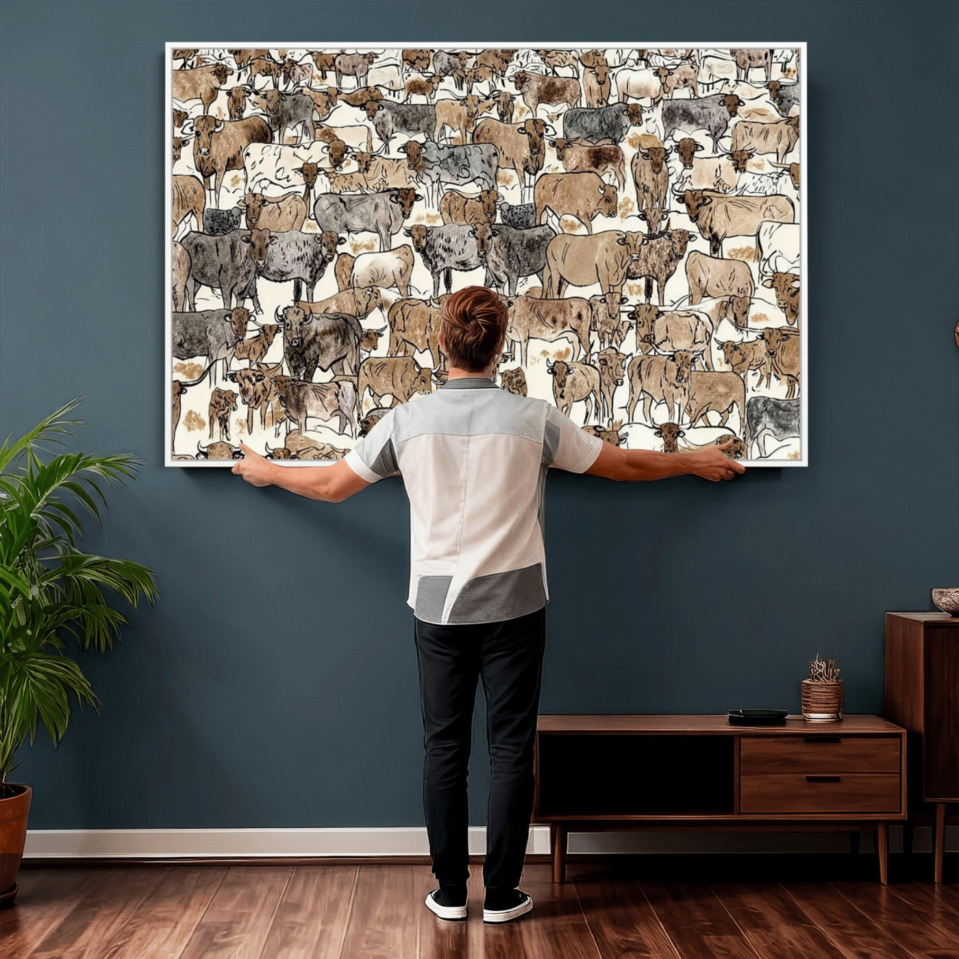 76902119-MGV-CV-36X24 - Farmhouse Animals Wall Art Canvas Print - Abstract Farm Animal Drawing Mid-Century Wall Art for Cabin Decor