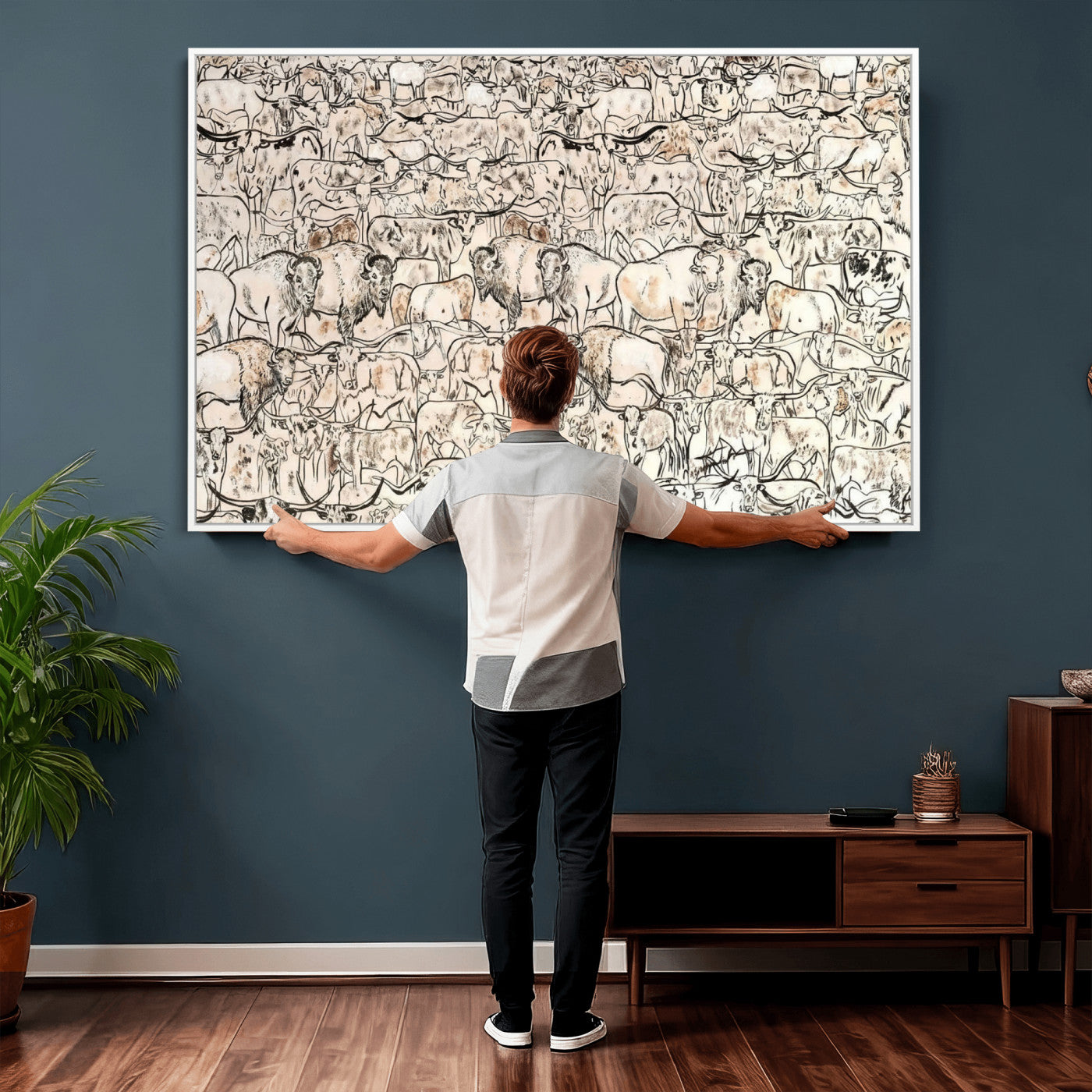 36925875-MGV-CV-36X24 - Farmhouse Animals Wall Art Canvas Print - Abstract Farm Animal Drawing Mid-Century Wall Art for Cabin Decor