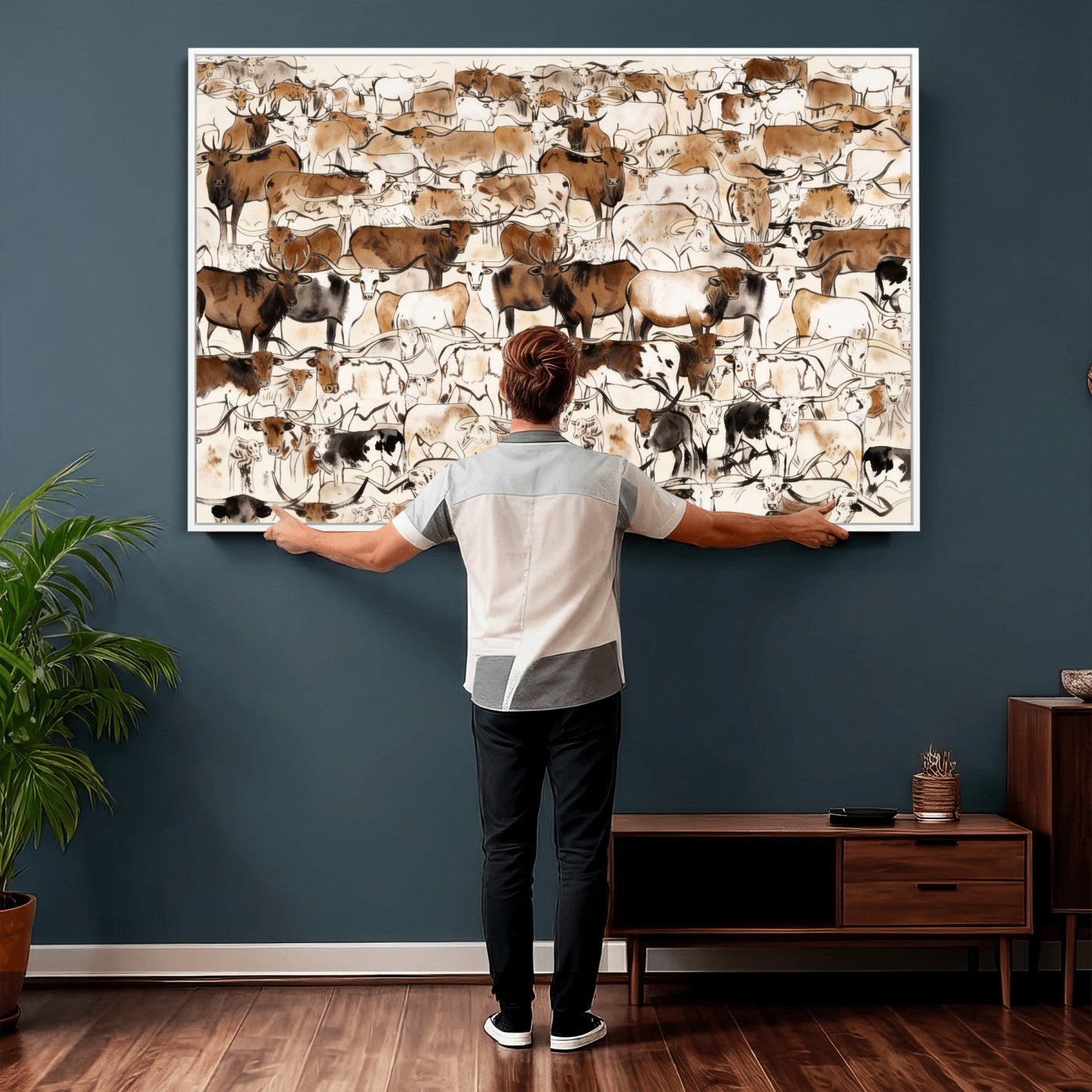 81416572-MGV-CV-36X24 - Farmhouse Animals Wall Art Canvas Print - Abstract Farm Animal Drawing Mid-Century Wall Art for Cabin Decor