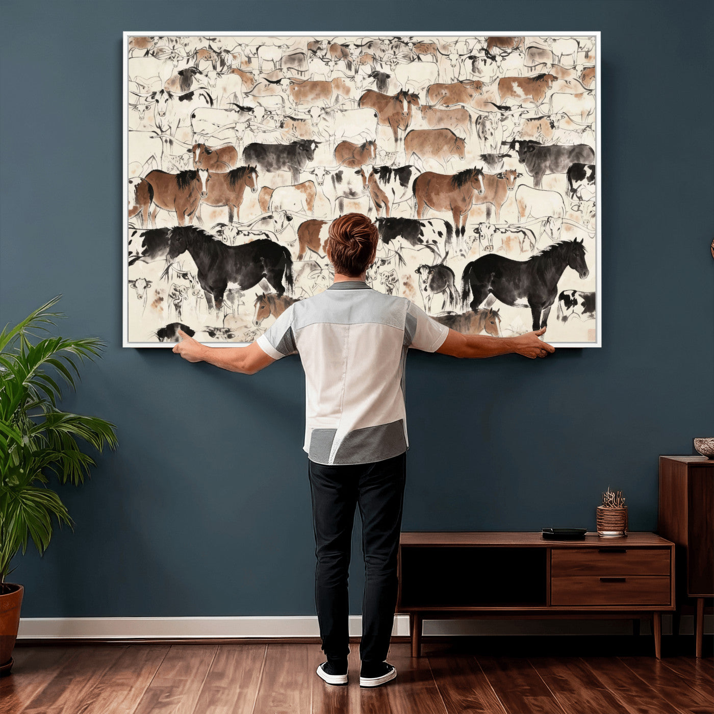 74171578-MGV-CV-36X24 - Farmhouse Animals Wall Art Canvas Print - Abstract Farm Animal Drawing Mid-Century Wall Art for Cabin Decor