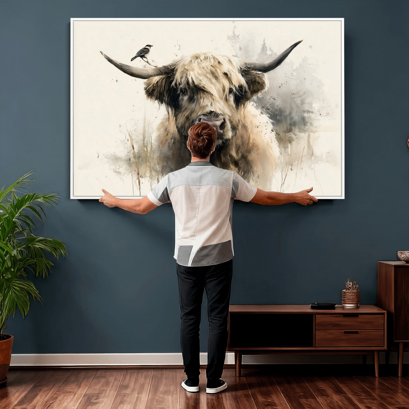 98249290-MGV-CV-36X24 - Abstract Highland Cow Watercolor Animal Wall Art Canvas Print, Rustic Farm Cattle Portrait Canvas Print, Neutral Wildlife Farmhouse Art Printing