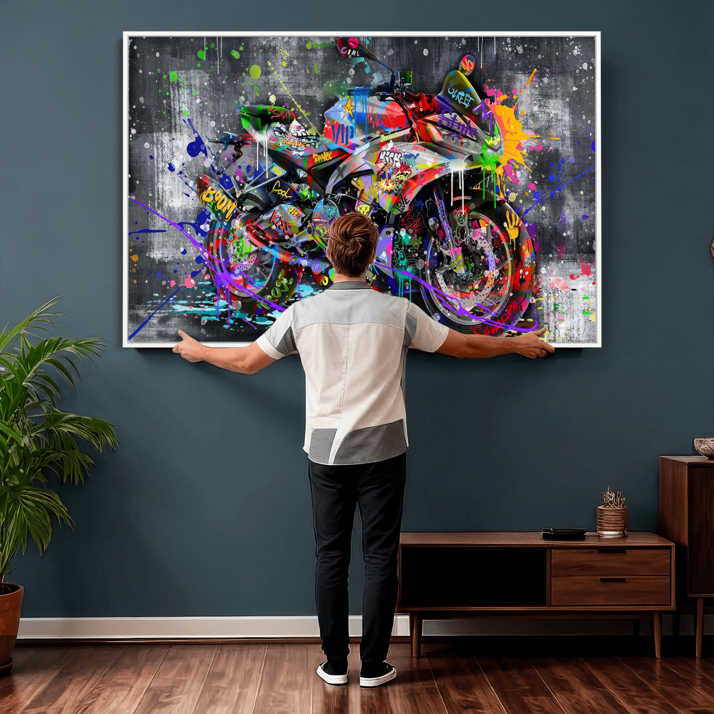 83021767-MGV-CV-36X24 - Graffiti Motorcycle Wall Art Canvas Print, Urban Street Art Motorbike Decor, Colorful Graffiti Sports Bike Artwork
