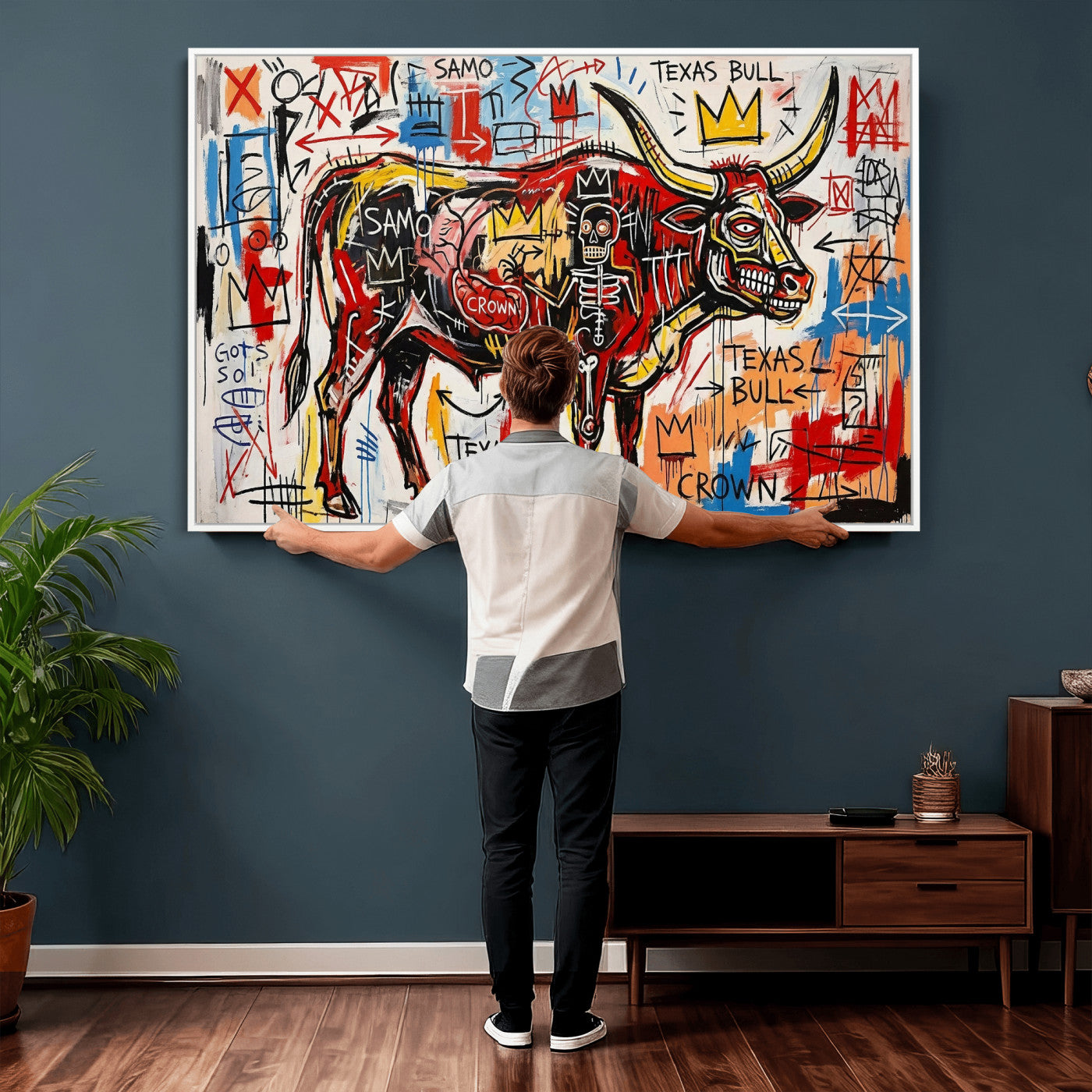 89504579-MGV-CV-36X24 - TITLE: Texas Bull Wall Art Canvas Print, Abstract Graffiti Bull Painting, Western Animal Art, Modern Ranch Decor