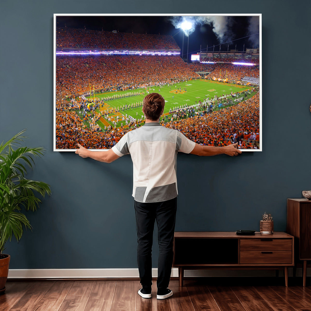 43662631-MGV-CV-36X24 - Clemson Football Stadium Wall Art Canvas Print, College Football Crowd Night Game Scene, Orange Stadium Panorama Wall Decor