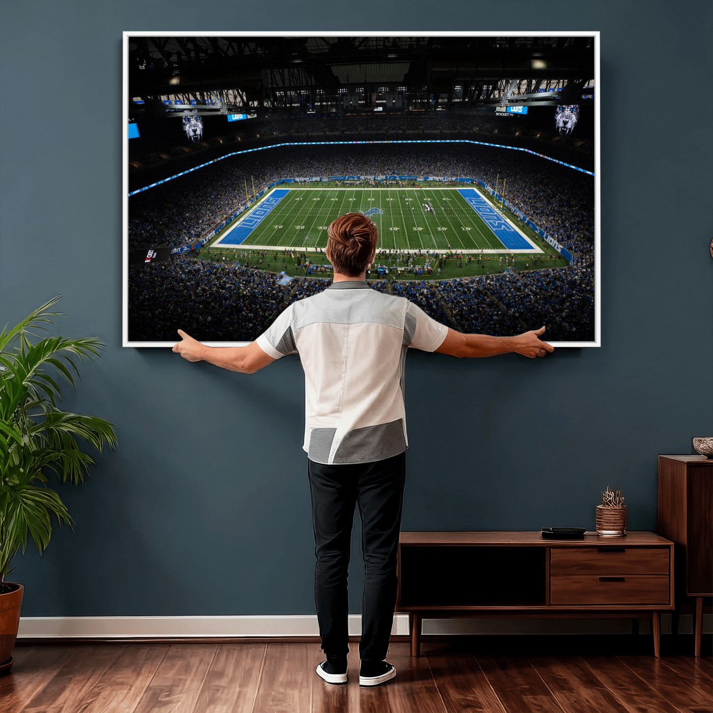16709602-MGV-CV-36X24 - Detroit Lions Stadium Wall Art Canvas Print, Football Field Panorama Artwork, NFL Game Night Stadium Decor