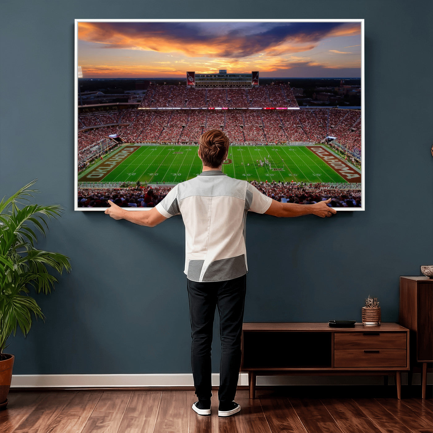 51457497-MGV-CV-36X24 - Oklahoma Sooners Stadium Wall Art Canvas Print, College Football Sunset Game Scene, OU Football Field Panorama Wall Decor