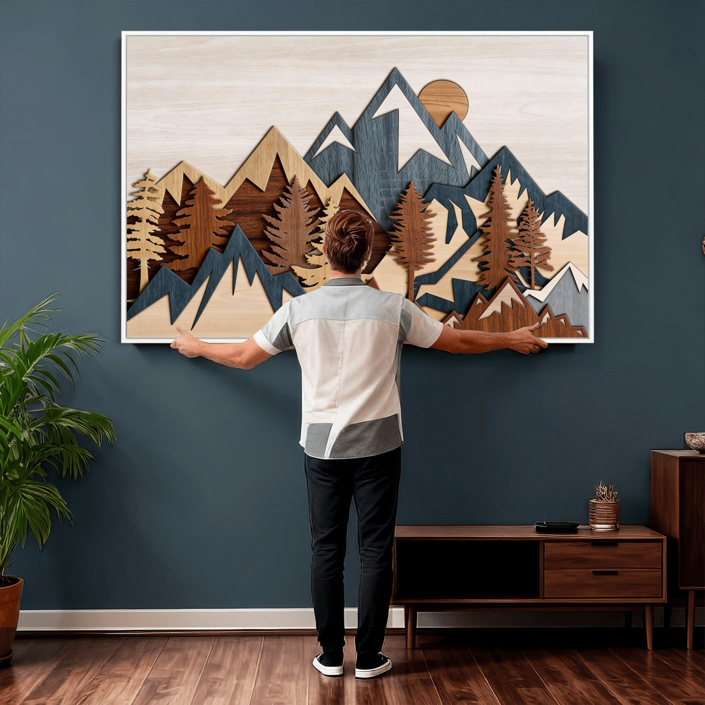 39888898-MGV-CV-36X24 - Layered Wooden Mountain Wall Art Canvas Print, Modern Rustic Forest and Pine Landscape Wall Decor