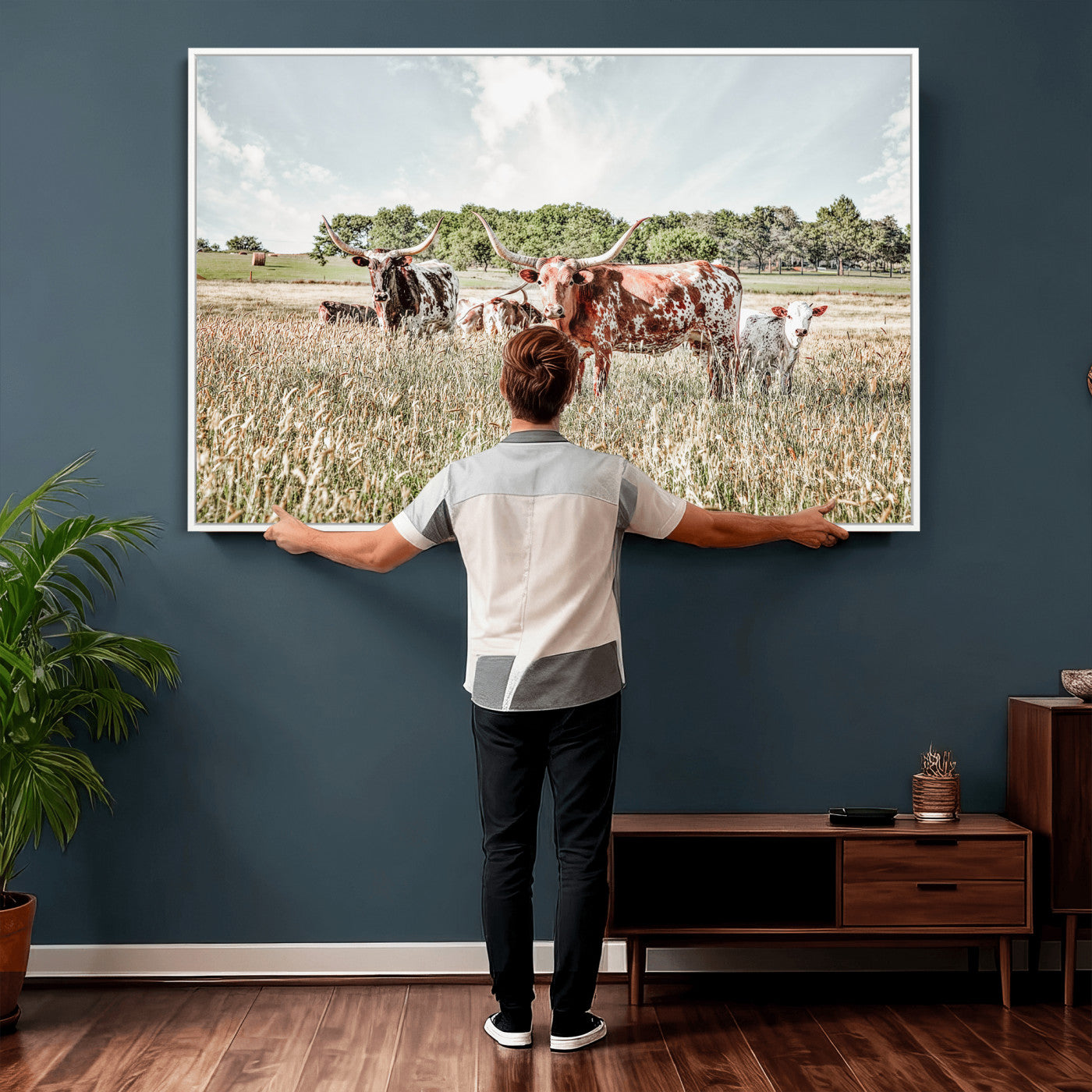 33963645-MGV-CV-36X24 - Texas Longhorn Cattle Wall Art Canvas Print, Western Ranch Landscape Nature Wall Decor for Living Room and Office